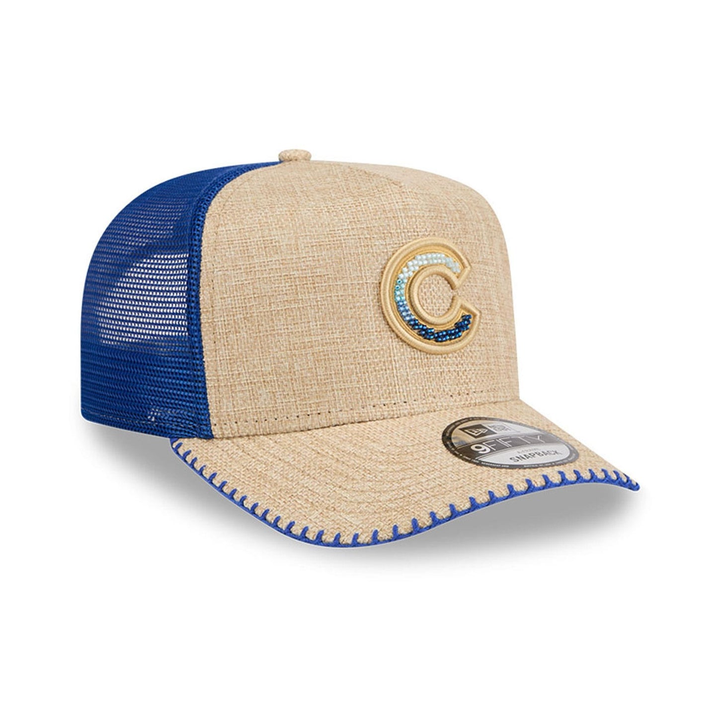 Pictured is this MLB Beaded Chicago Cubs 9FIFTY A-Frame Trucker cap in Beige. 4