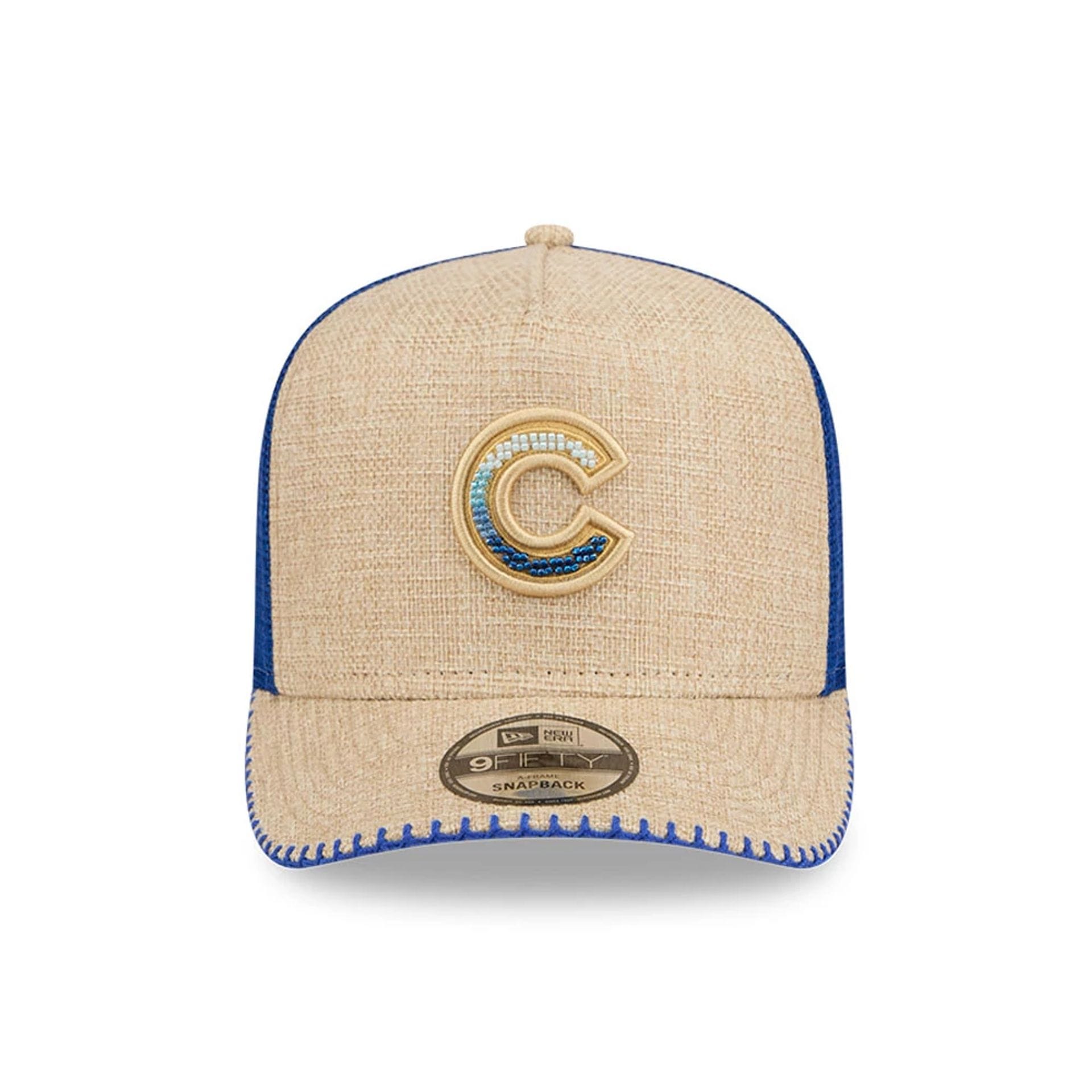 Pictured is this MLB Beaded Chicago Cubs 9FIFTY A-Frame Trucker cap in Beige. 3