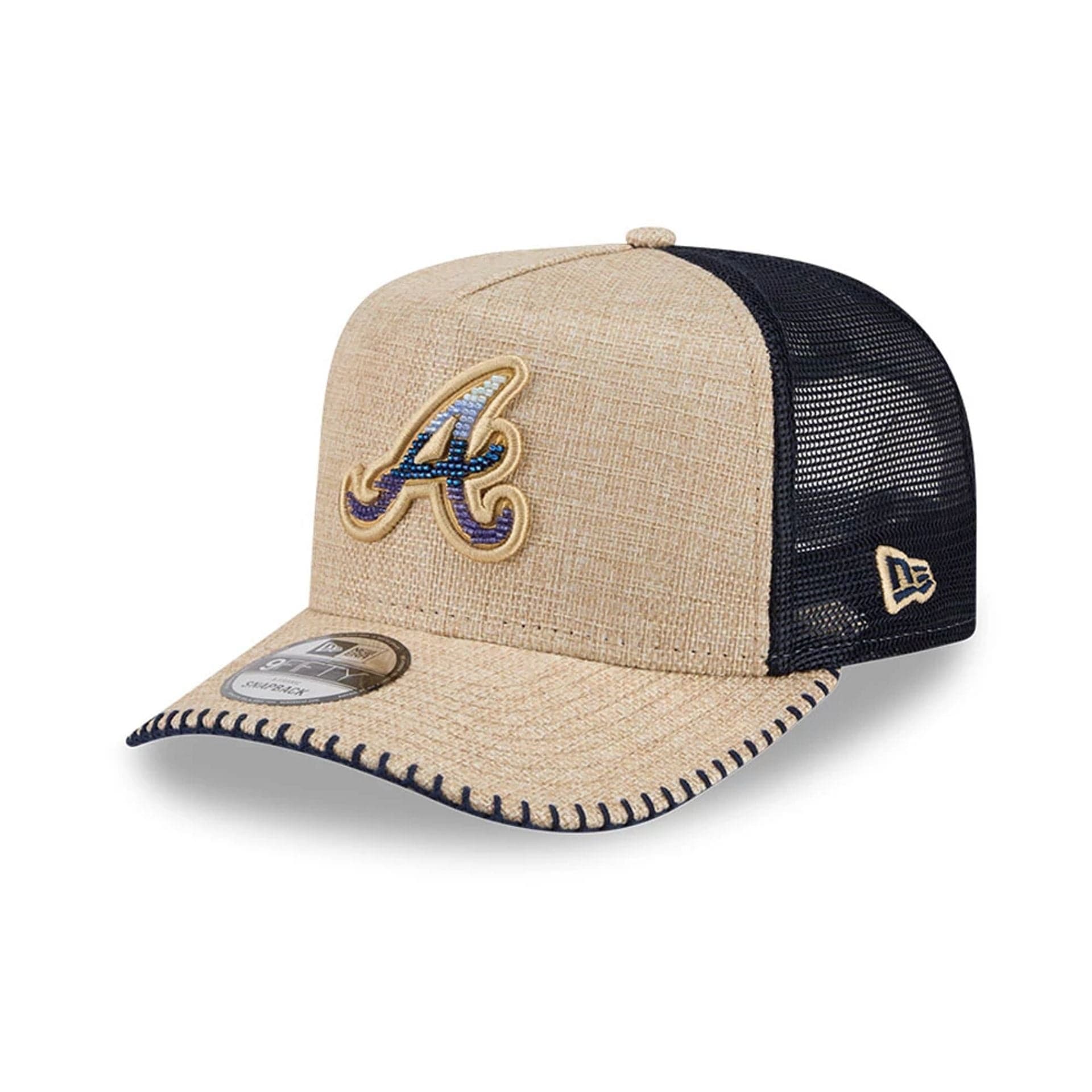 Pictured is this MLB Beaded Atlanta Braves 9FIFTY A-Frame Trucker cap in beige. 1