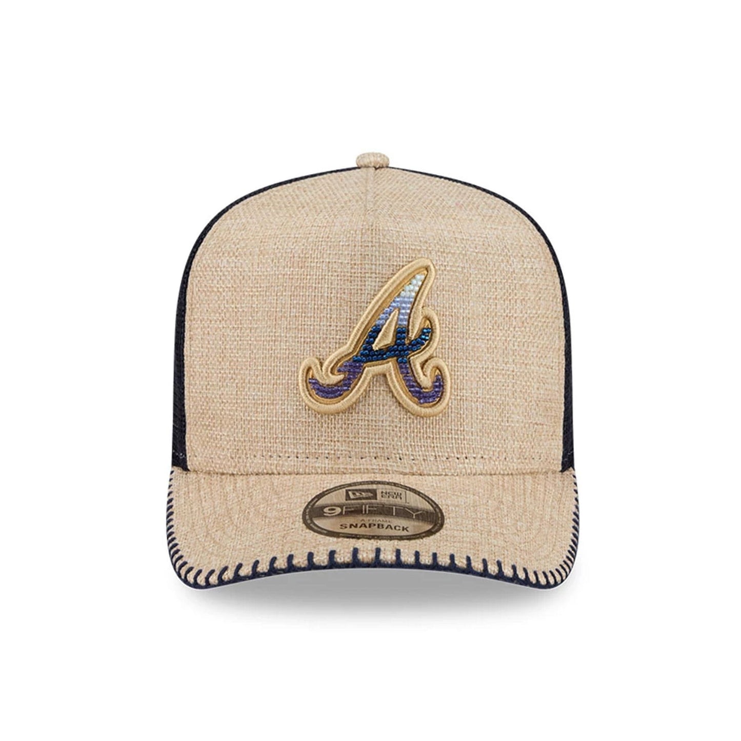 Pictured is this MLB Beaded Atlanta Braves 9FIFTY A-Frame Trucker cap in beige. 3