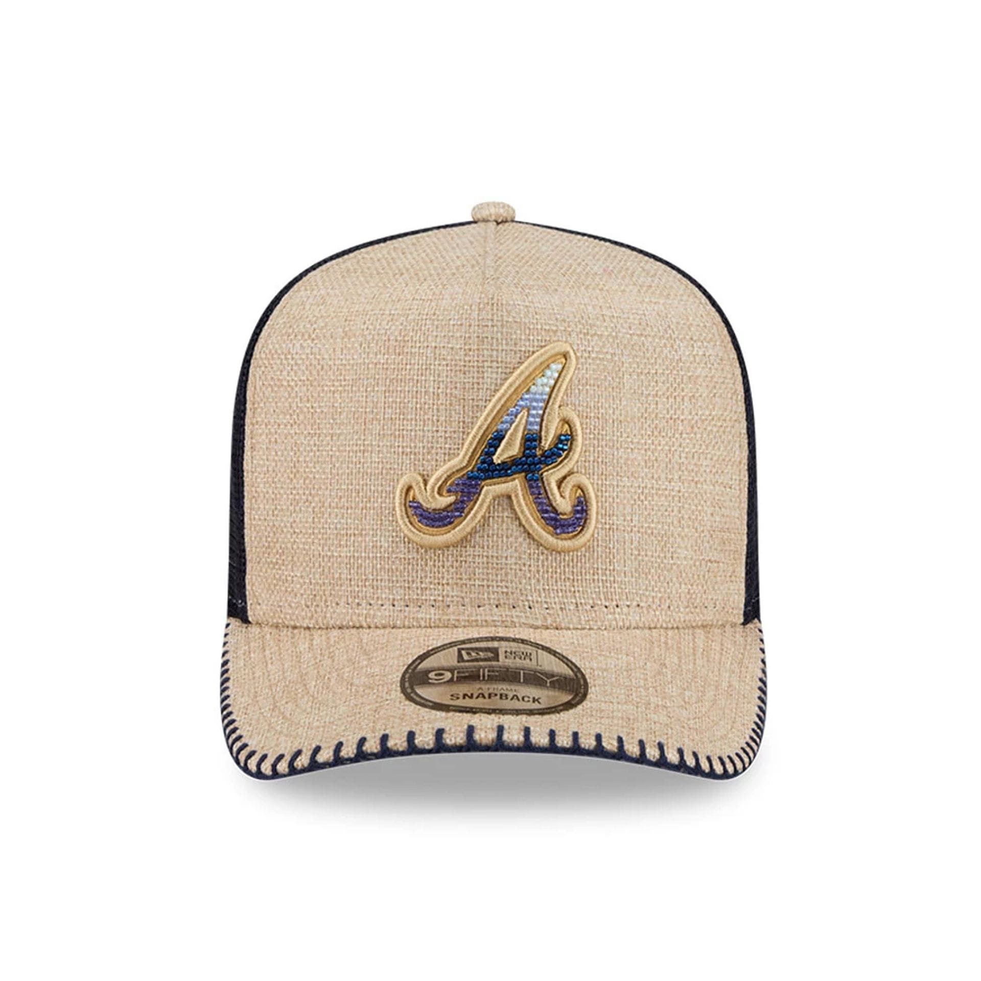 Pictured is this MLB Beaded Atlanta Braves 9FIFTY A-Frame Trucker cap in beige. 8