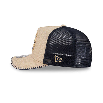 Pictured is this MLB Beaded Atlanta Braves 9FIFTY A-Frame Trucker cap in beige. 5
