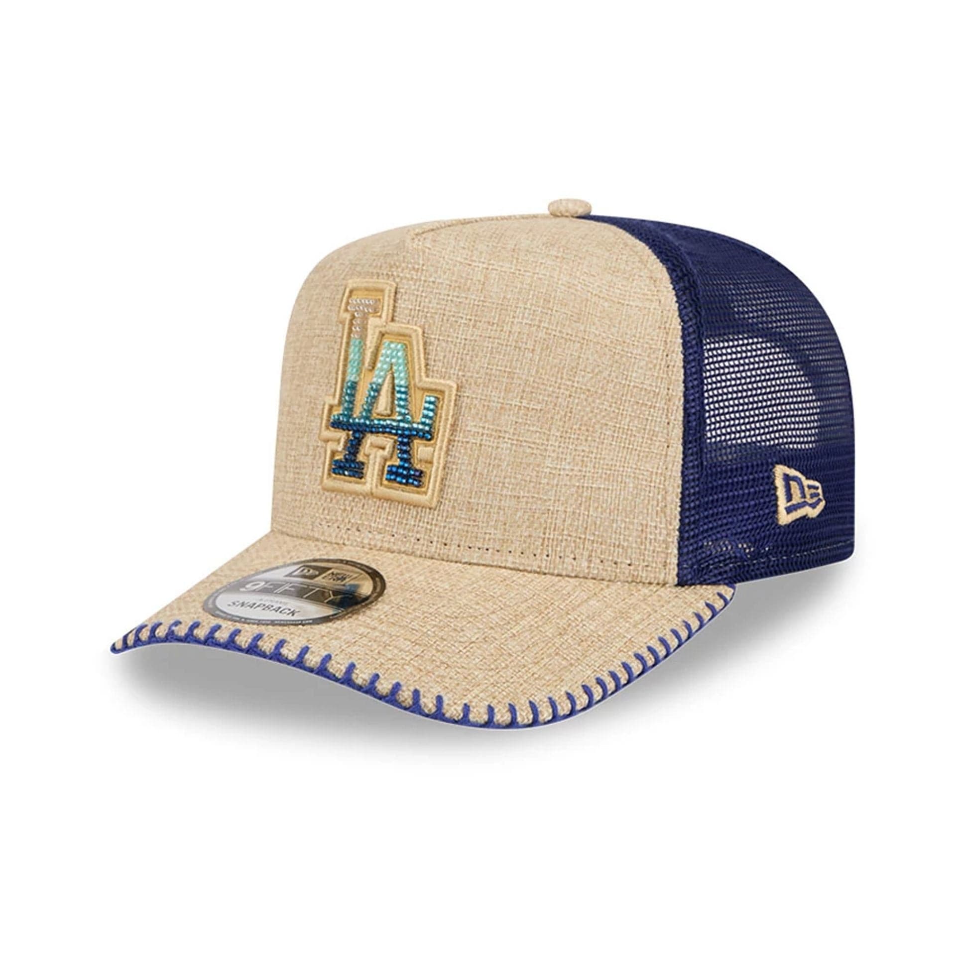 Pictured is this MLB Beaded LA Dodgers 9FIFTY A-Frame Trucker cap in beige. 1