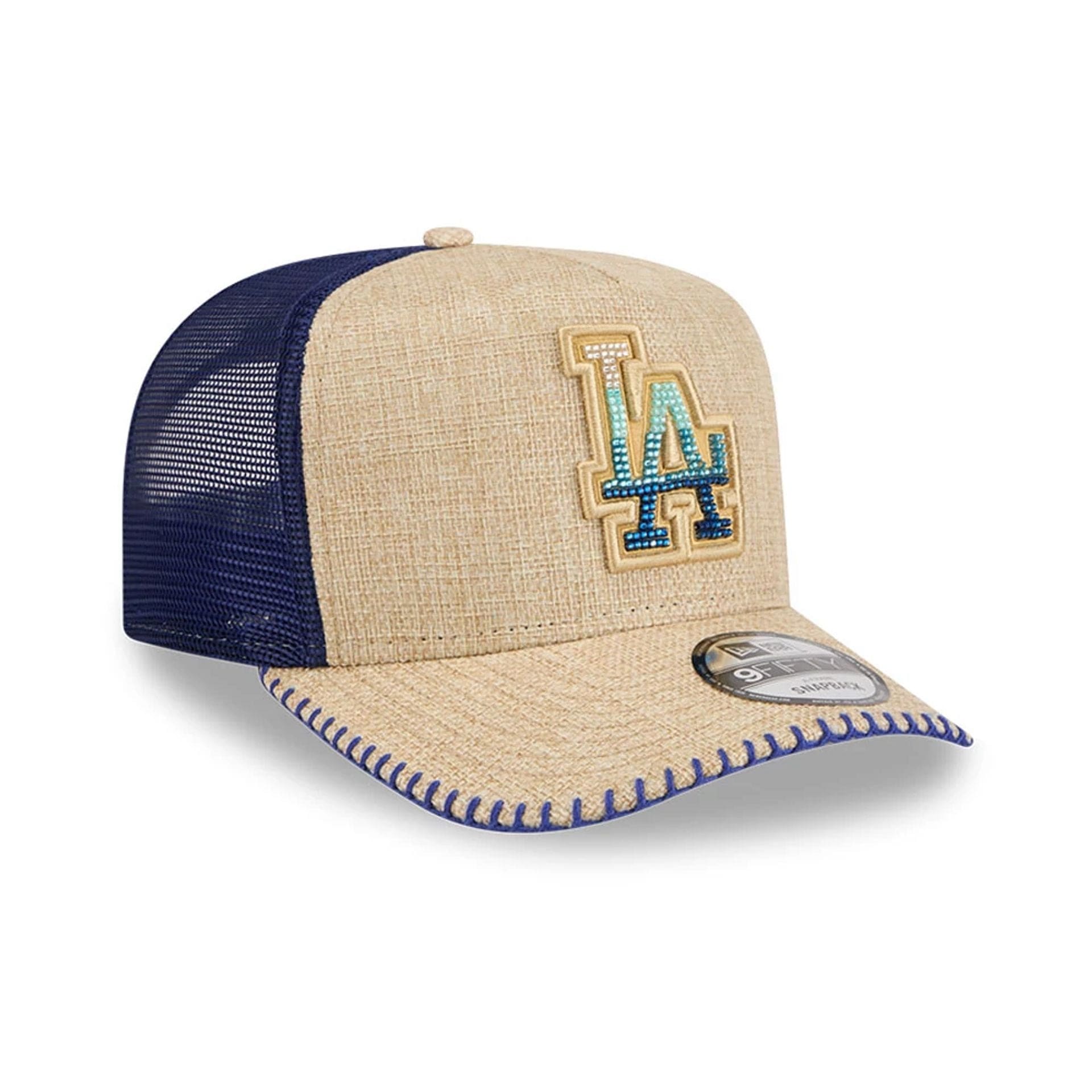 Pictured is this MLB Beaded LA Dodgers 9FIFTY A-Frame Trucker cap in beige. 4