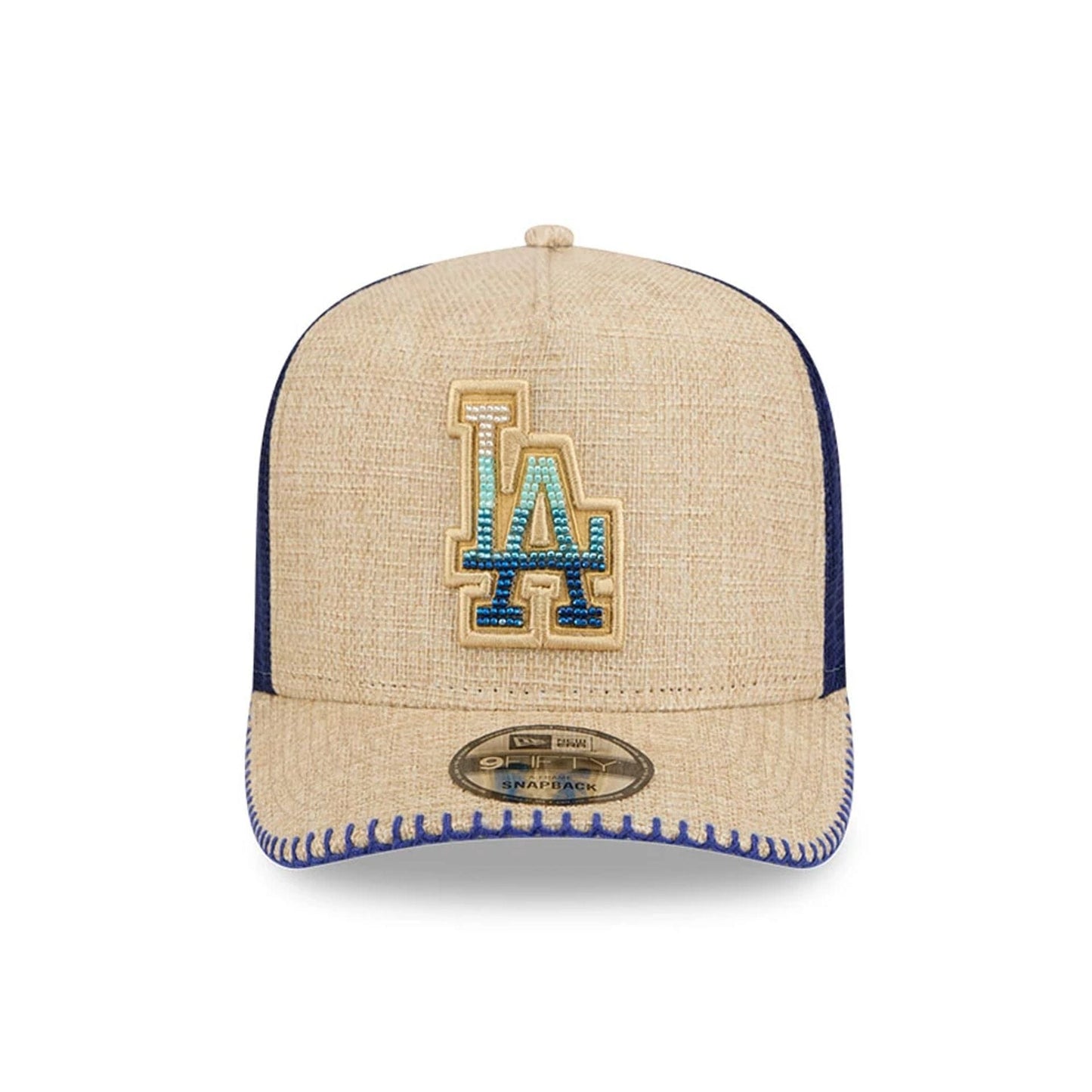 Pictured is this MLB Beaded LA Dodgers 9FIFTY A-Frame Trucker cap in beige. 3