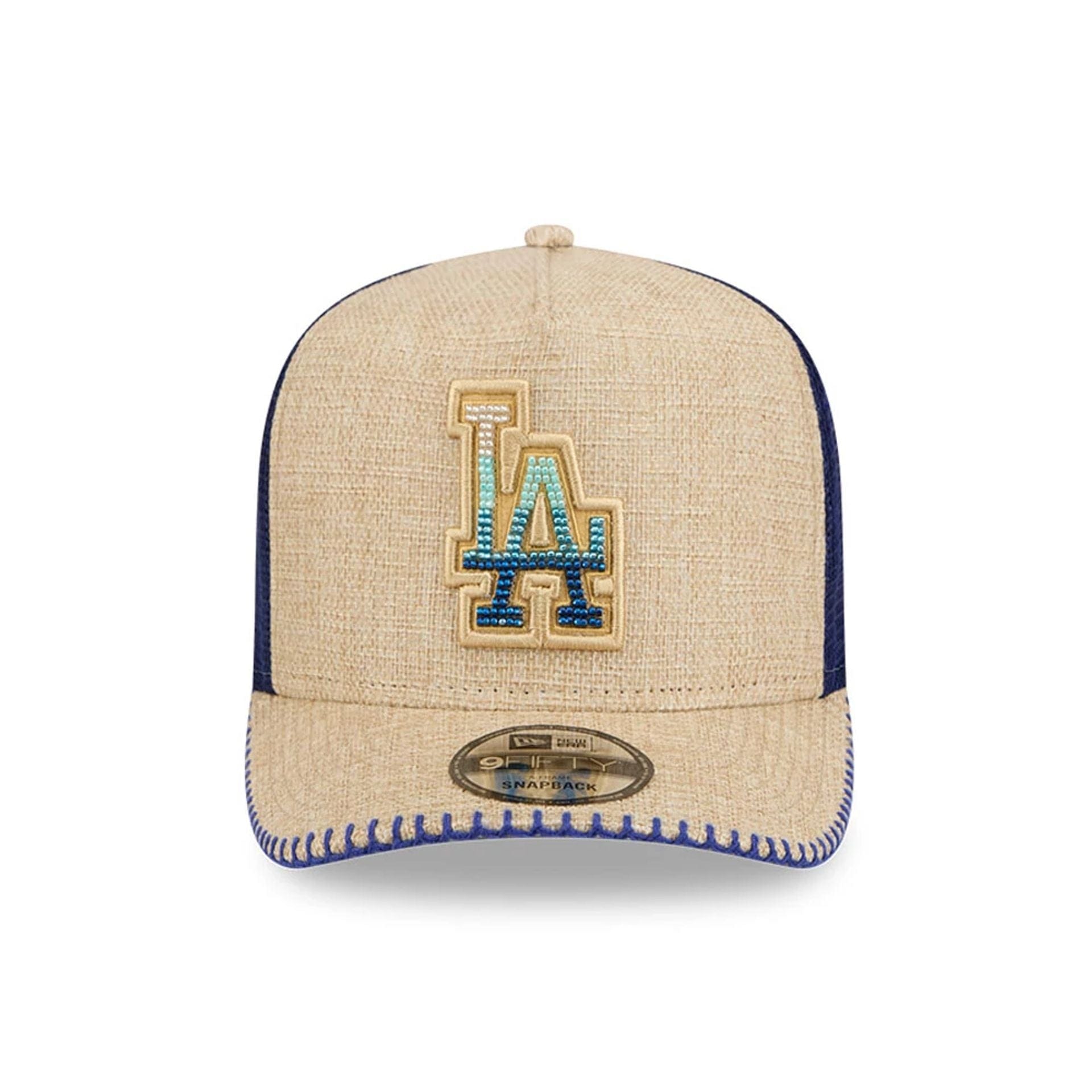 Pictured is this MLB Beaded LA Dodgers 9FIFTY A-Frame Trucker cap in beige. 3