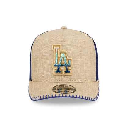 Pictured is this MLB Beaded LA Dodgers 9FIFTY A-Frame Trucker cap in beige. 3