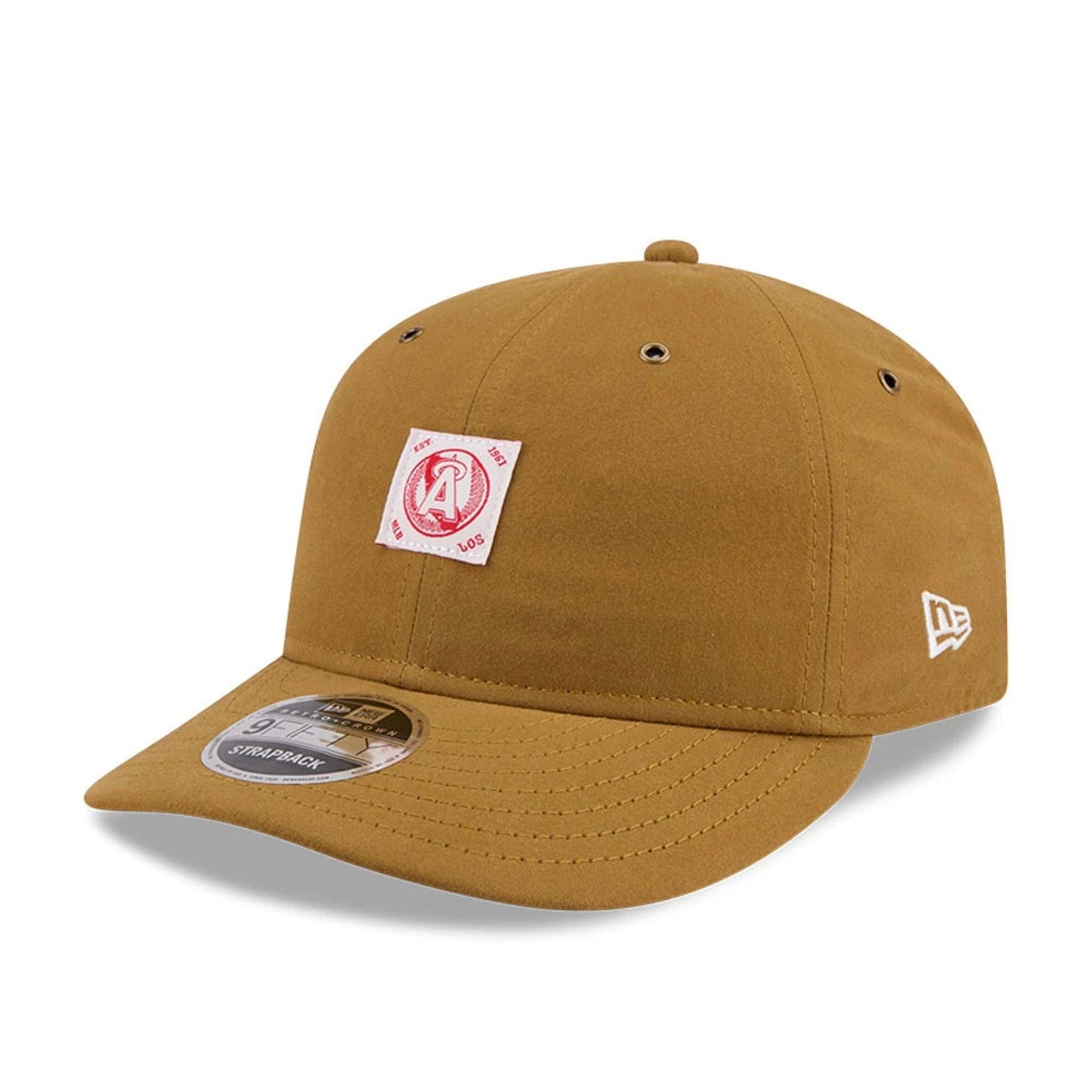 Pictured is this MLB Brushed LA Angels Retro Crown 9FIFTY cap in dark beige. 1