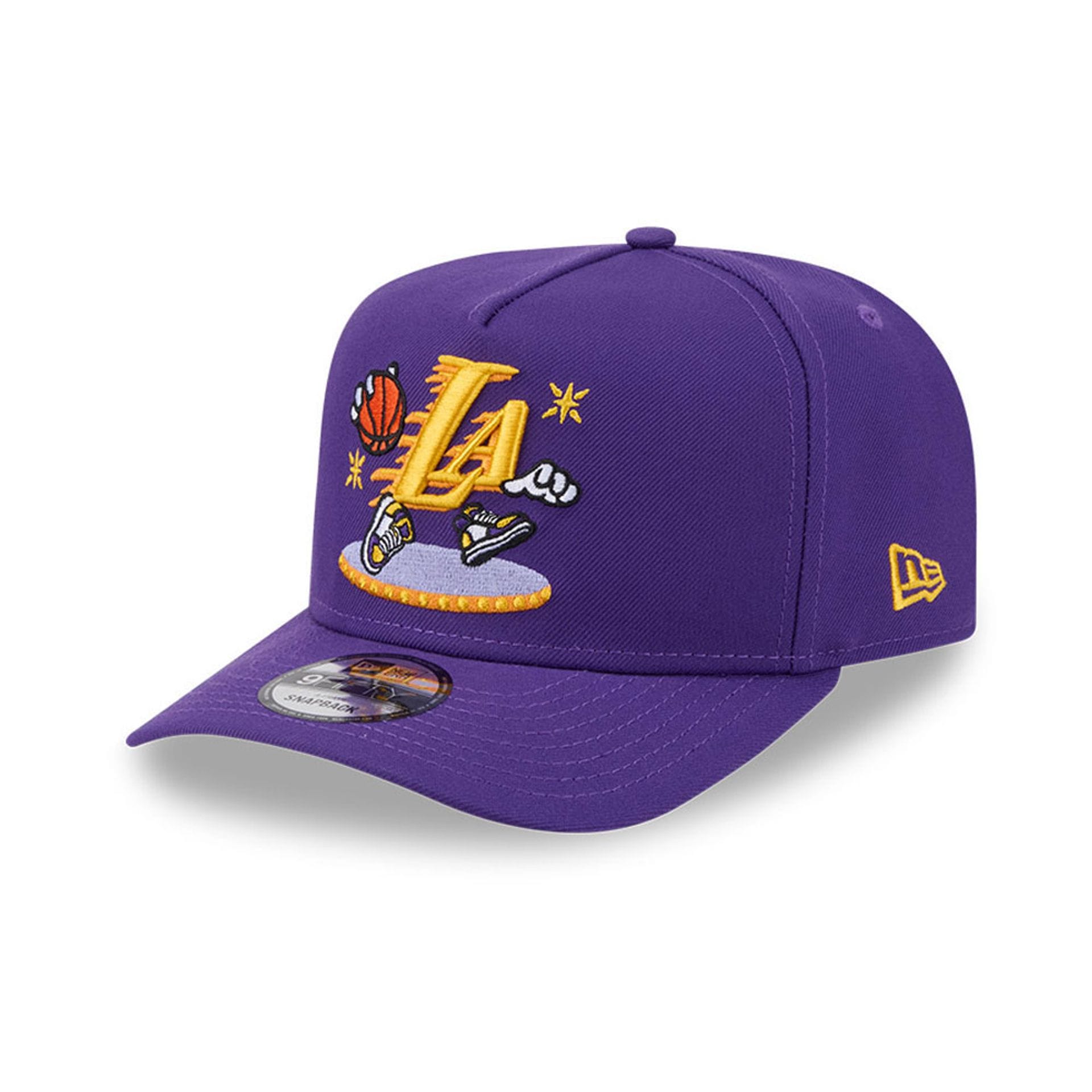 Pictured is this NBA Cartoon LA Lakers 9FIFTY A-Frame Snapback cap in purple. 1