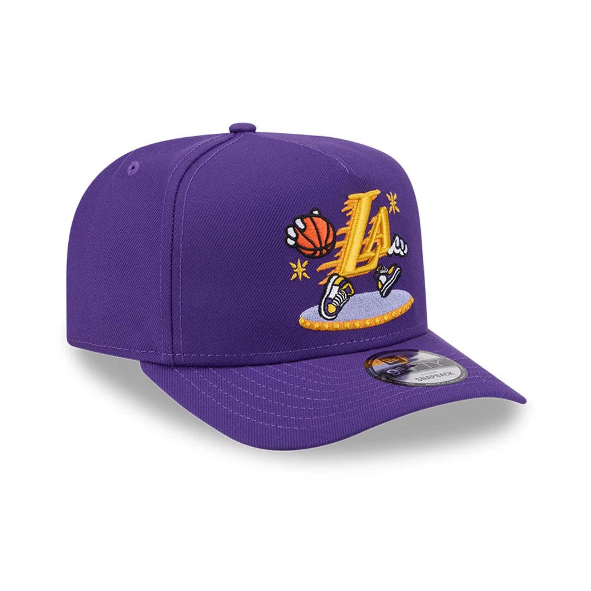 Pictured is this NBA Cartoon LA Lakers 9FIFTY A-Frame Snapback cap in purple. 4