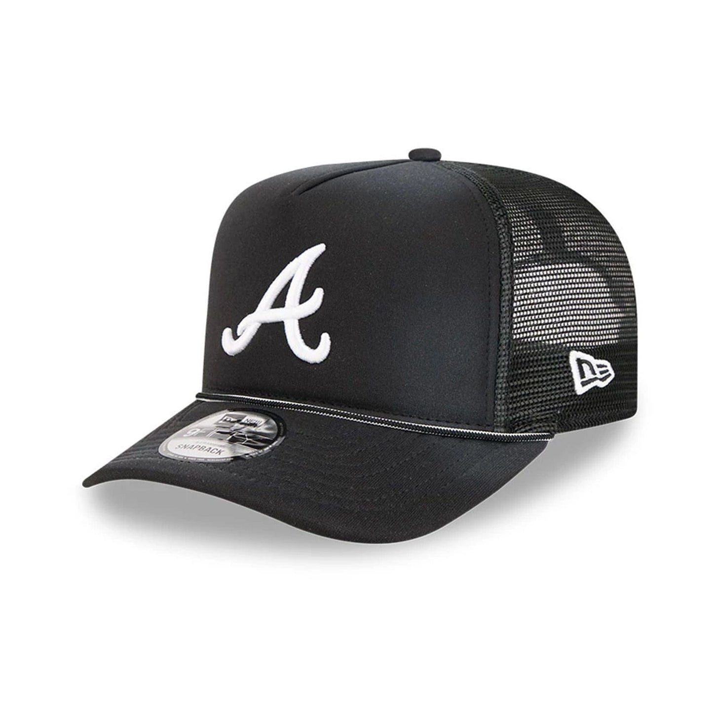 Pictured is this MLB Washed Atlanta Braves 9FIFTY A-Frame Trucker cap in black. 1