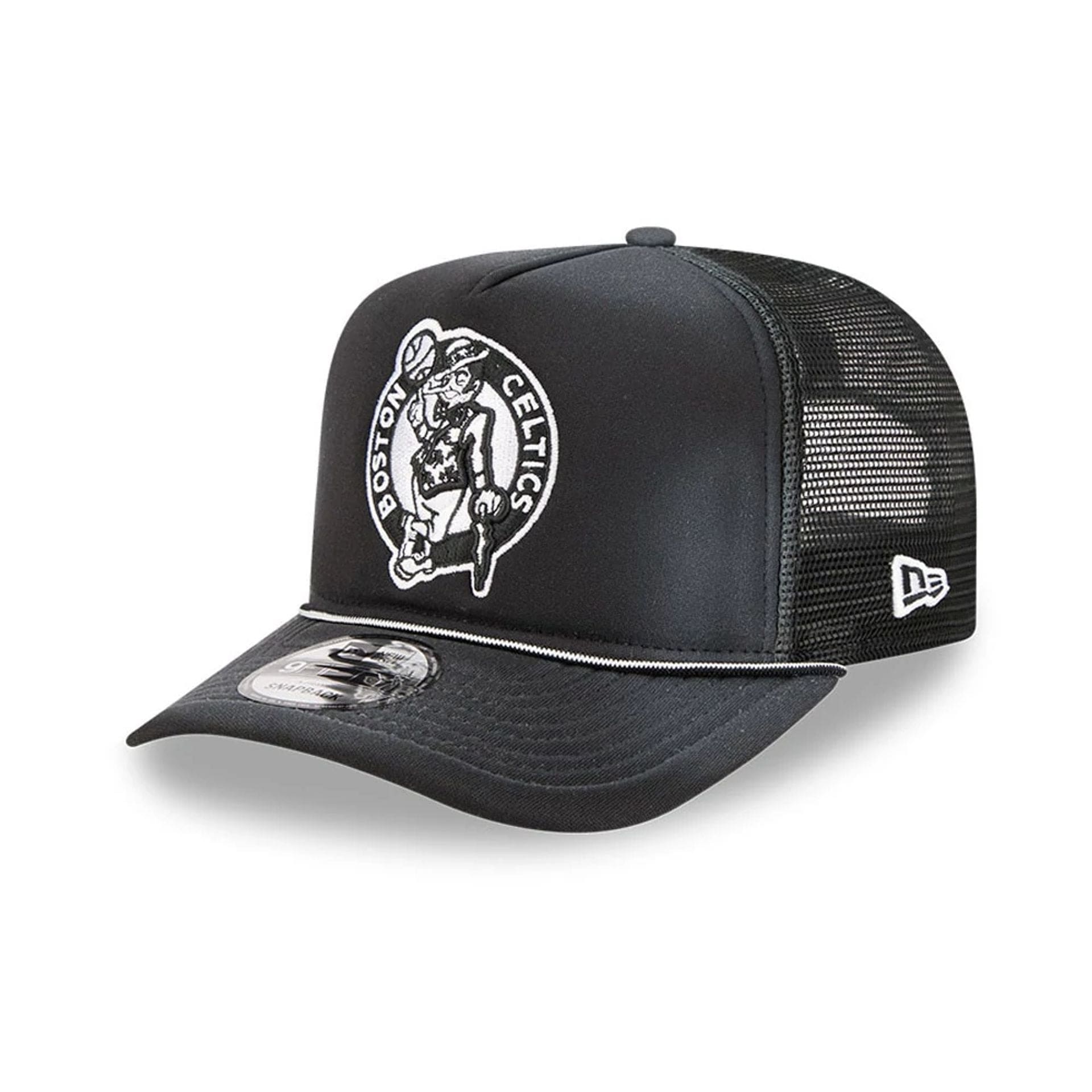 Pictured is this NBA Washed Boston Celtics 9FIFTY A-Frame Trucker cap in black. 1