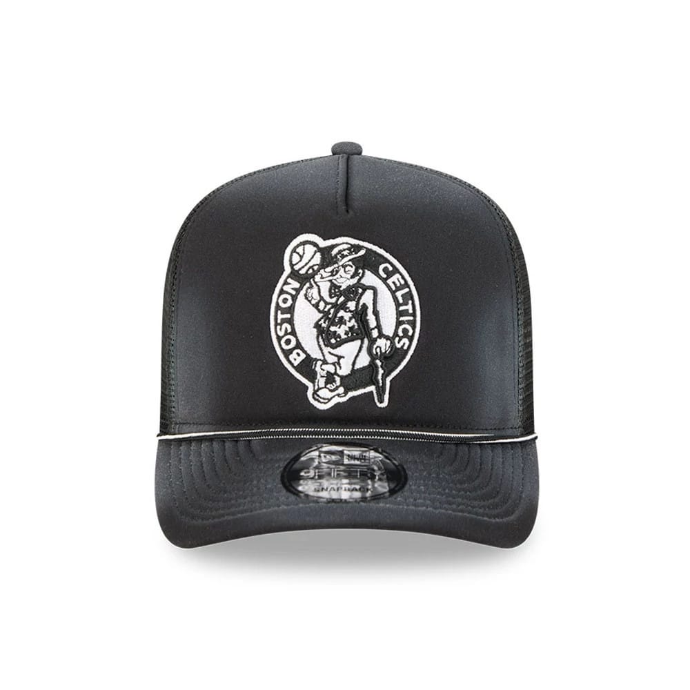 Pictured is this NBA Washed Boston Celtics 9FIFTY A-Frame Trucker cap in black. 3