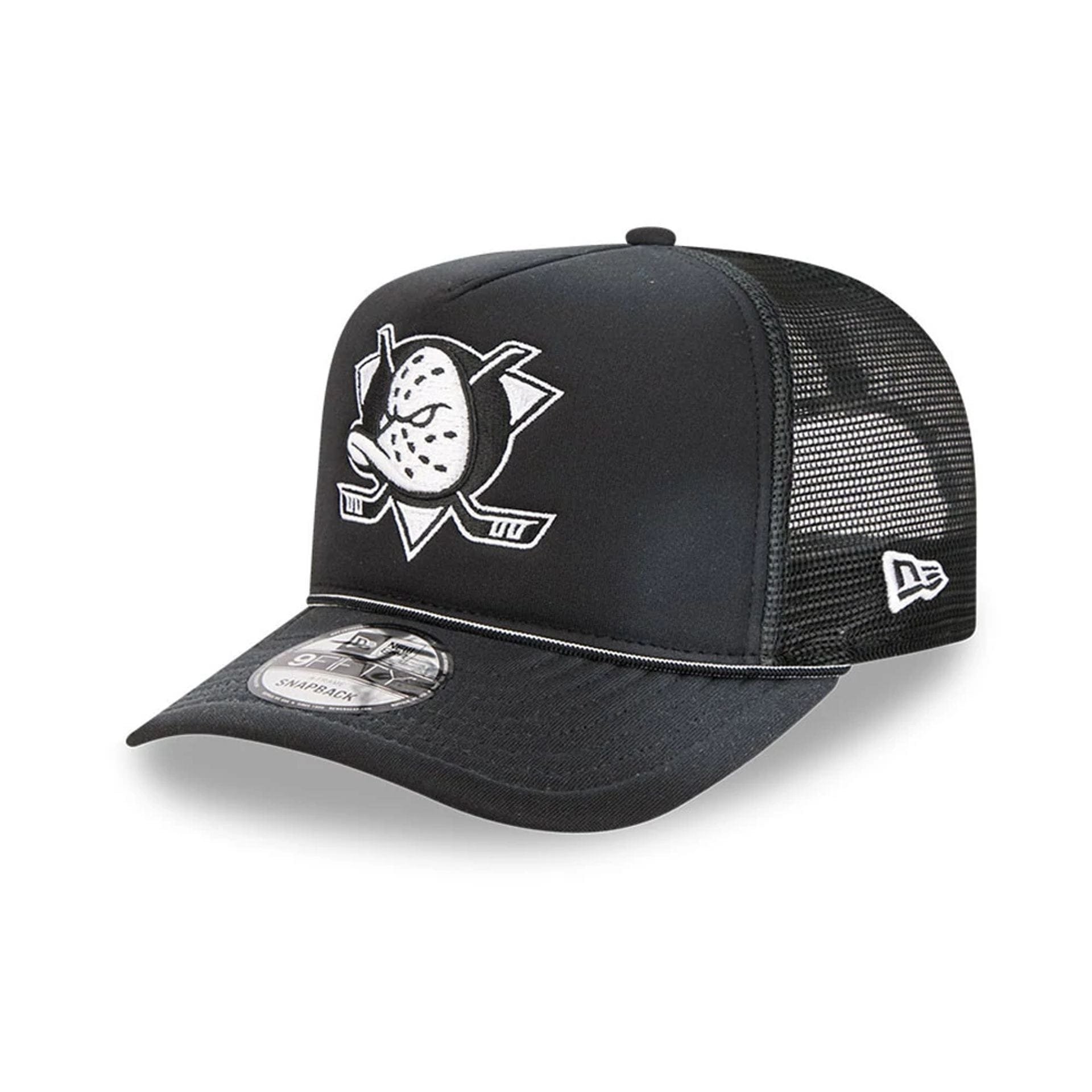 Pictured is this NHL Washed Anaheim Ducks 9FIFTY A-Frame Trucker cap in black. 1