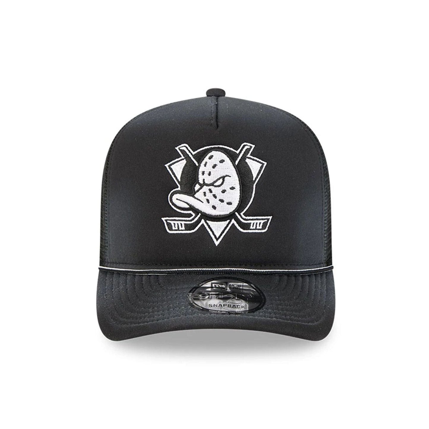 Pictured is this NHL Washed Anaheim Ducks 9FIFTY A-Frame Trucker cap in black. 3