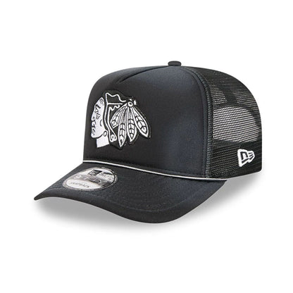 Pictured is this NHL Washed Chicago Blackhawks 9FIFTY A-Frame Trucker cap in black. 1