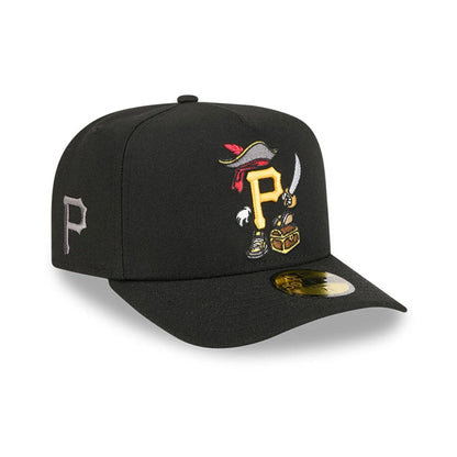 Pictured is this MLB Cartoon Pittsburgh Pirates 59FIFTY A-Frame Fitted cap in black. 1