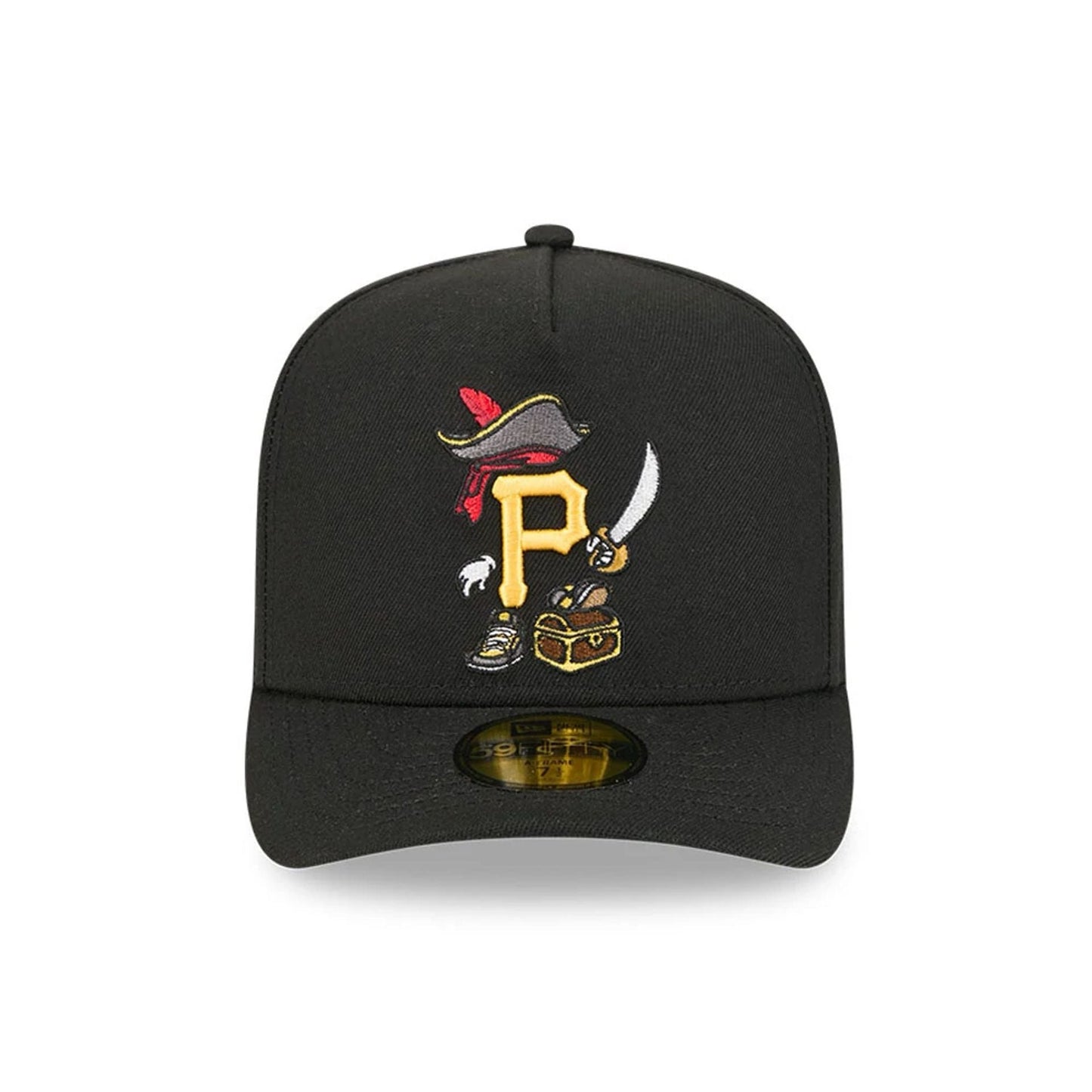 Pictured is this MLB Cartoon Pittsburgh Pirates 59FIFTY A-Frame Fitted cap in black. 3