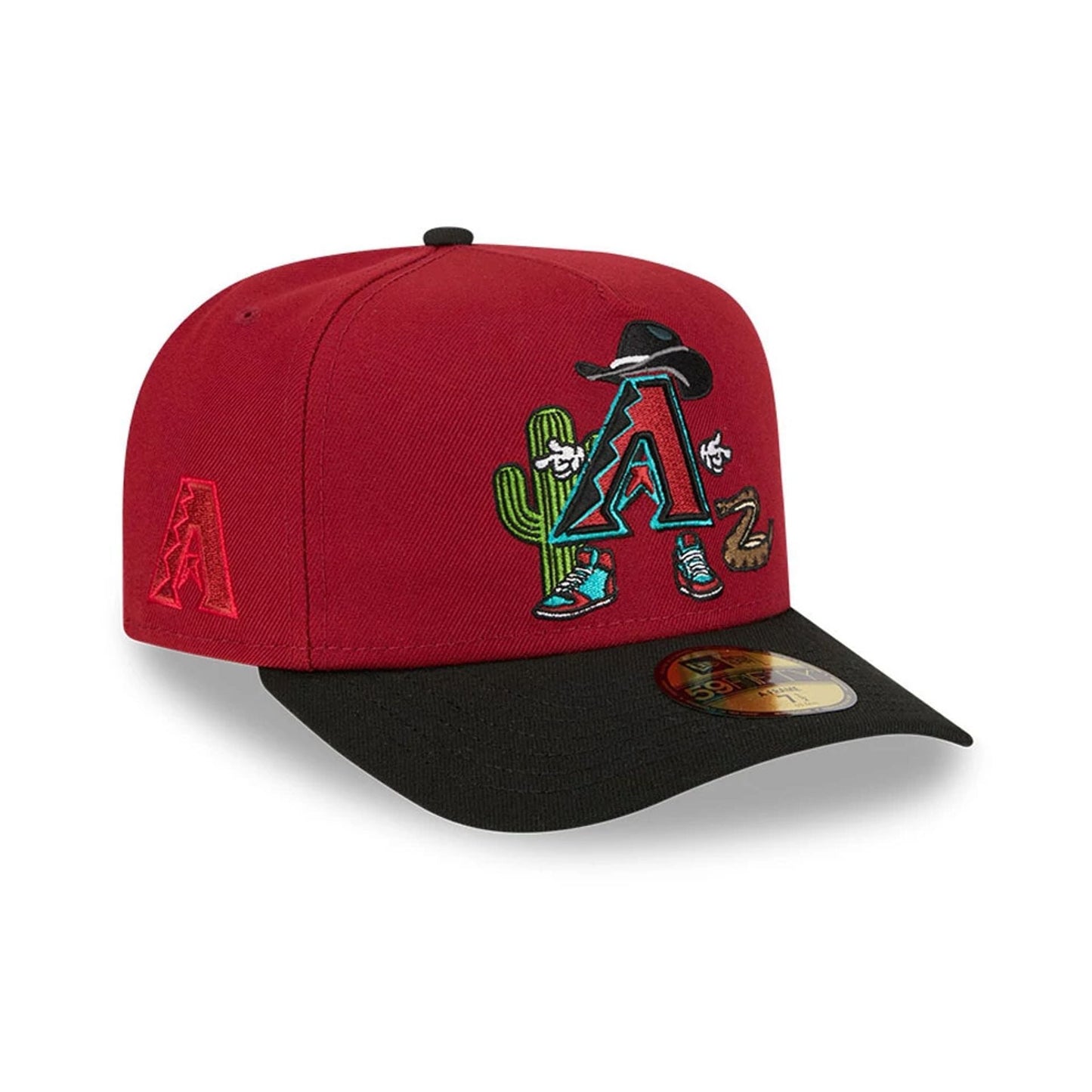 Pictured is this MLB Cartoon Arizona Diamondbacks 59FIFTY A-Frame Fitted cap in Dark Red. 1