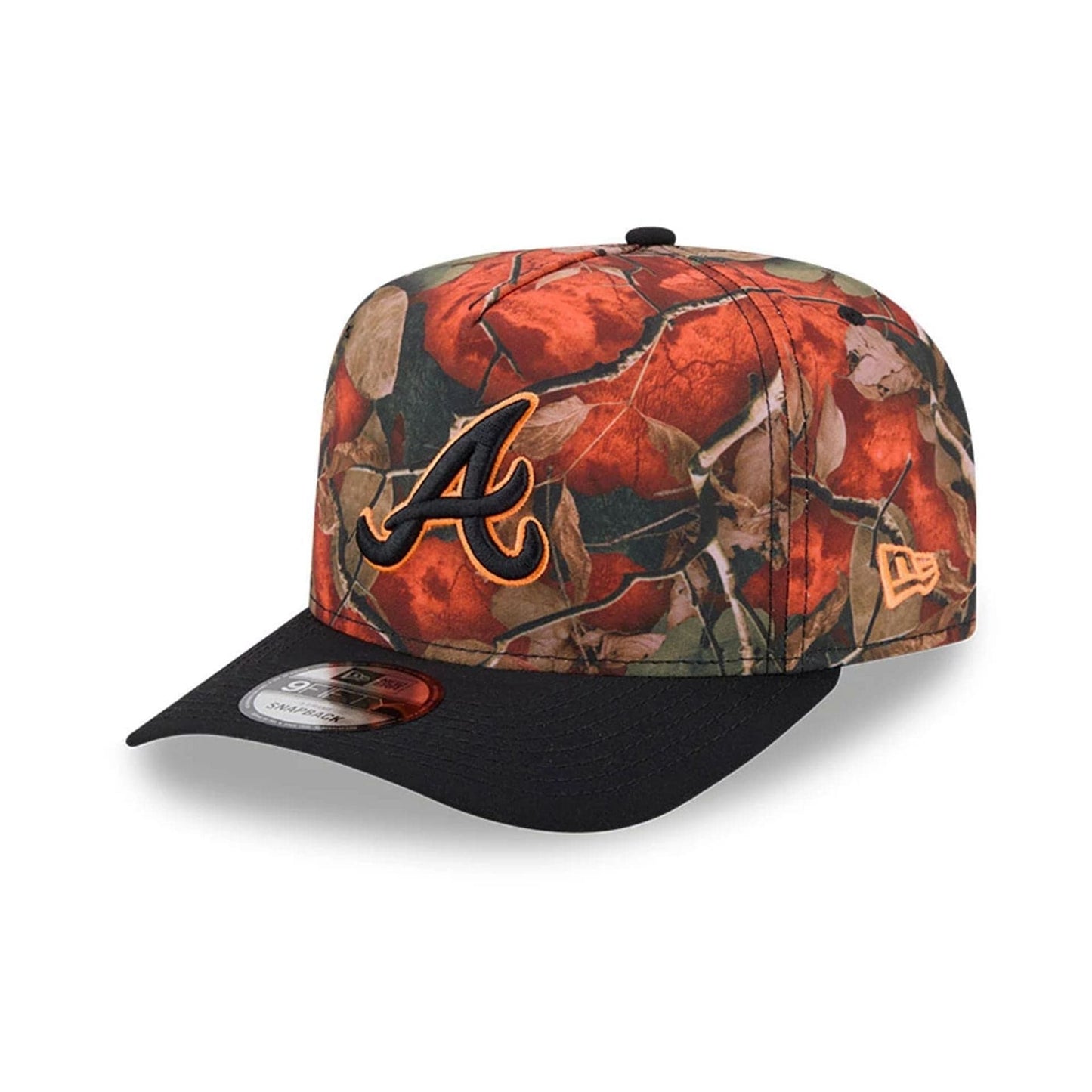 Pictured is this MLB Leaves Atlanta Braves 9FIFTY A-Frame Snapback cap in bright orange. 4