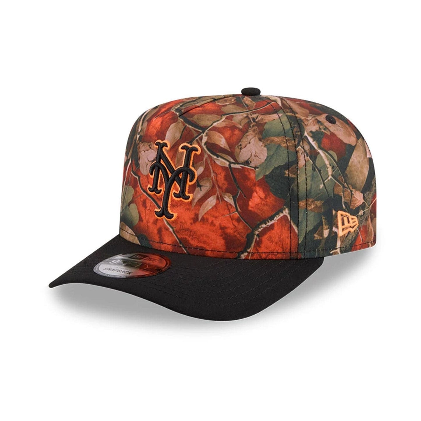 Pictured is this MLB Leaves New York Mets 9FIFTY A-Frame Snapback cap in bright orange. 4