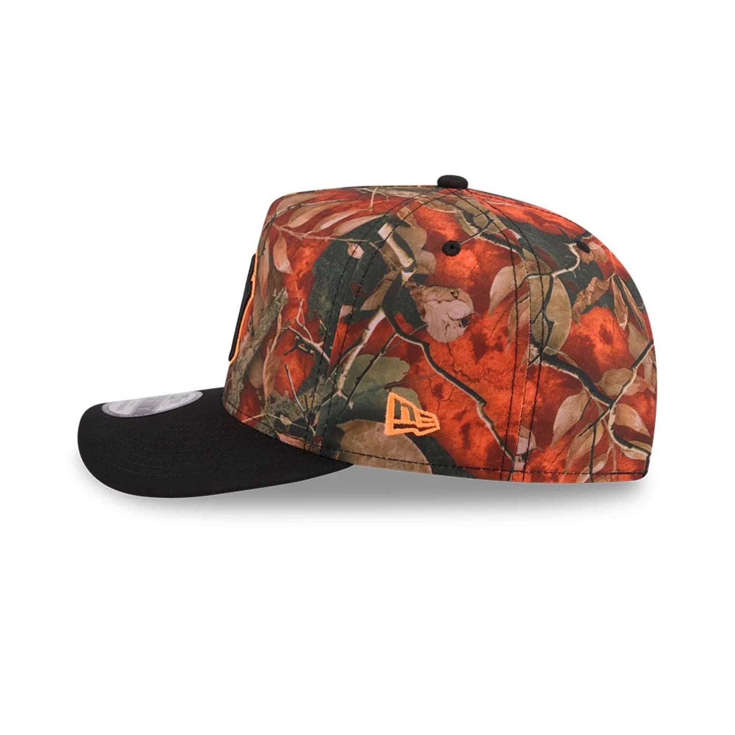 Pictured is this MLB Leaves New York Yankees 9FIFTY A-Frame Snapback cap in bright orange. 5