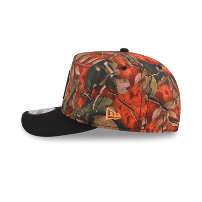 Pictured is this MLB Leaves New York Yankees 9FIFTY A-Frame Snapback cap in bright orange. 5