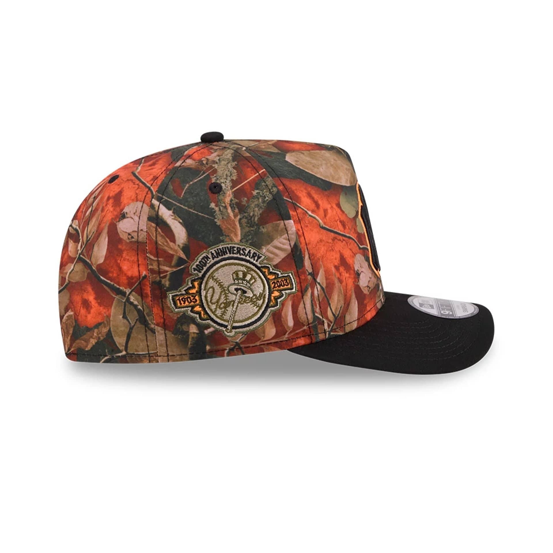 Pictured is this MLB Leaves New York Yankees 9FIFTY A-Frame Snapback cap in bright orange. 6