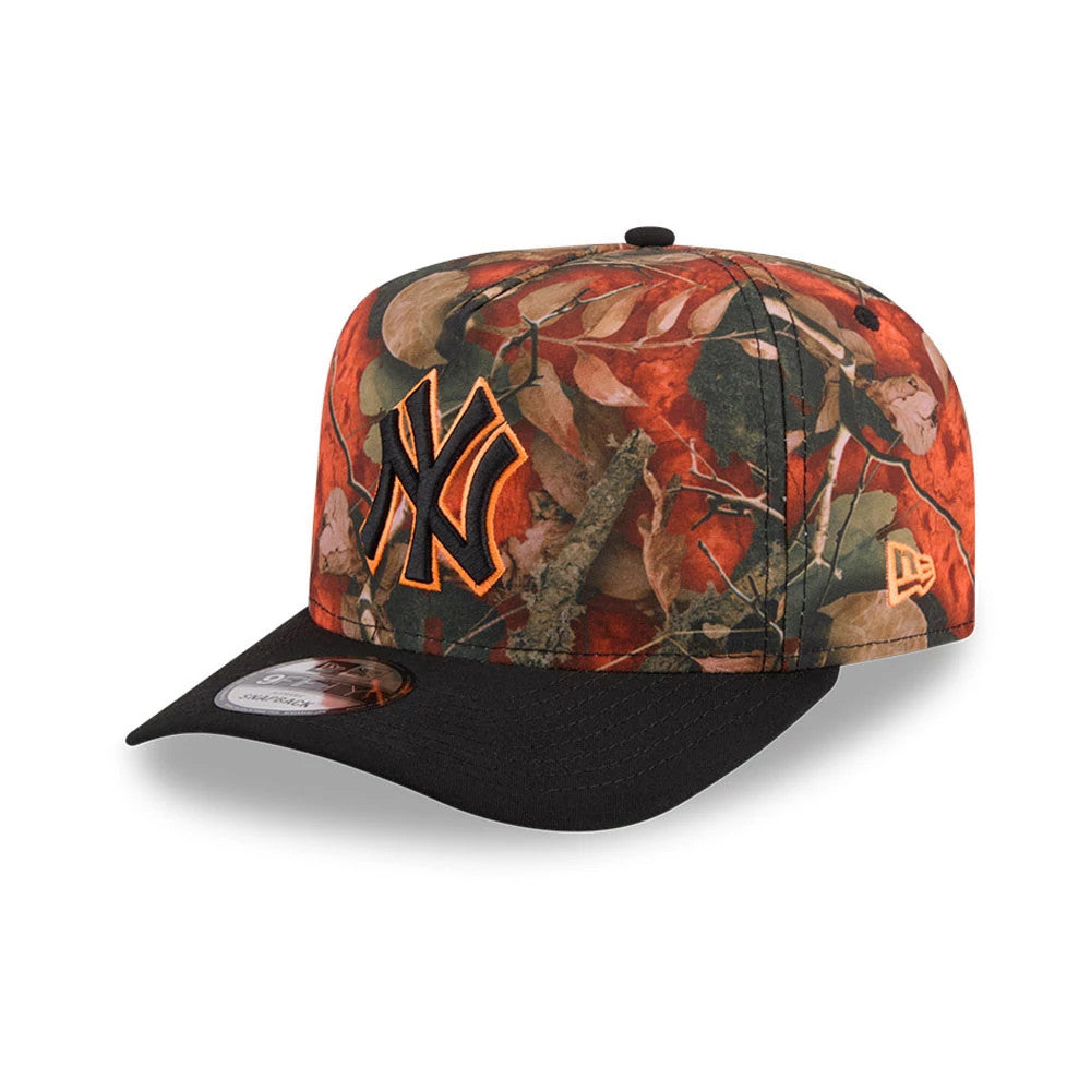 Pictured is this MLB Leaves New York Yankees 9FIFTY A-Frame Snapback cap in bright orange. 4