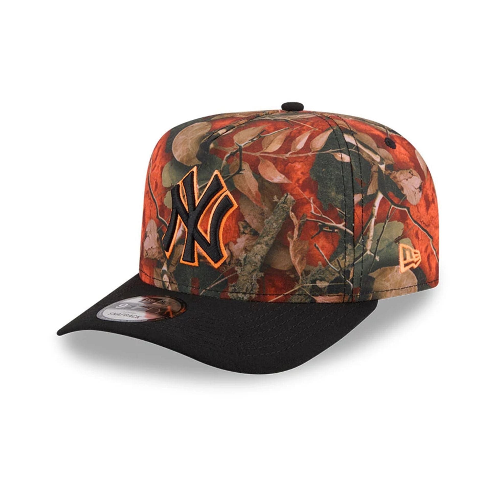 Pictured is this MLB Leaves New York Yankees 9FIFTY A-Frame Snapback cap in bright orange. 4