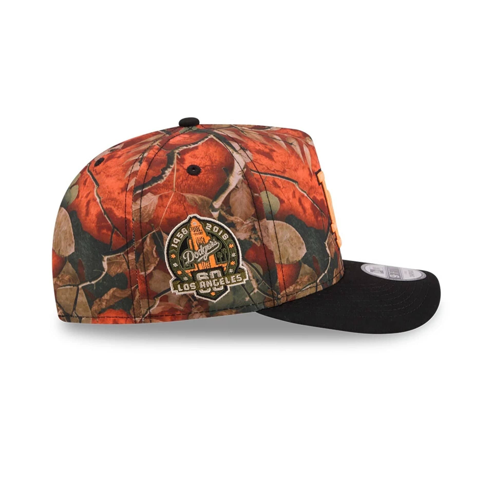 Pictured is this MLB Leaves LA Dodgers 9FIFTY A-Frame Snapback cap in bright orange. 6