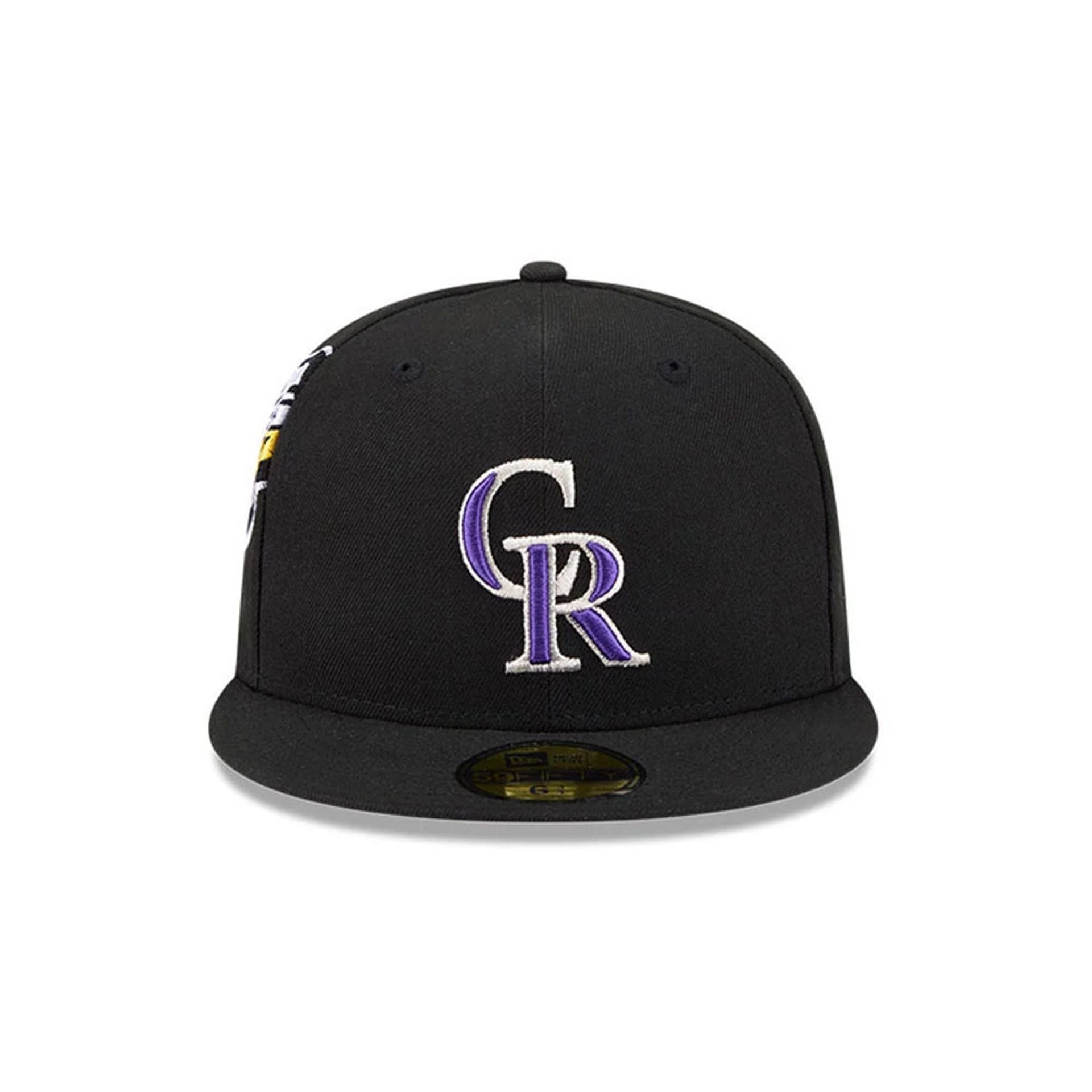 Pictured is this MLB Hidden Hit Colorado Rockies 59FIFTY Fitted cap in black. 3