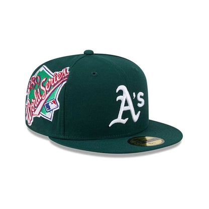 Pictured is this MLB Hidden Hit Athletics 59FIFTY Fitted cap in dark green. 1