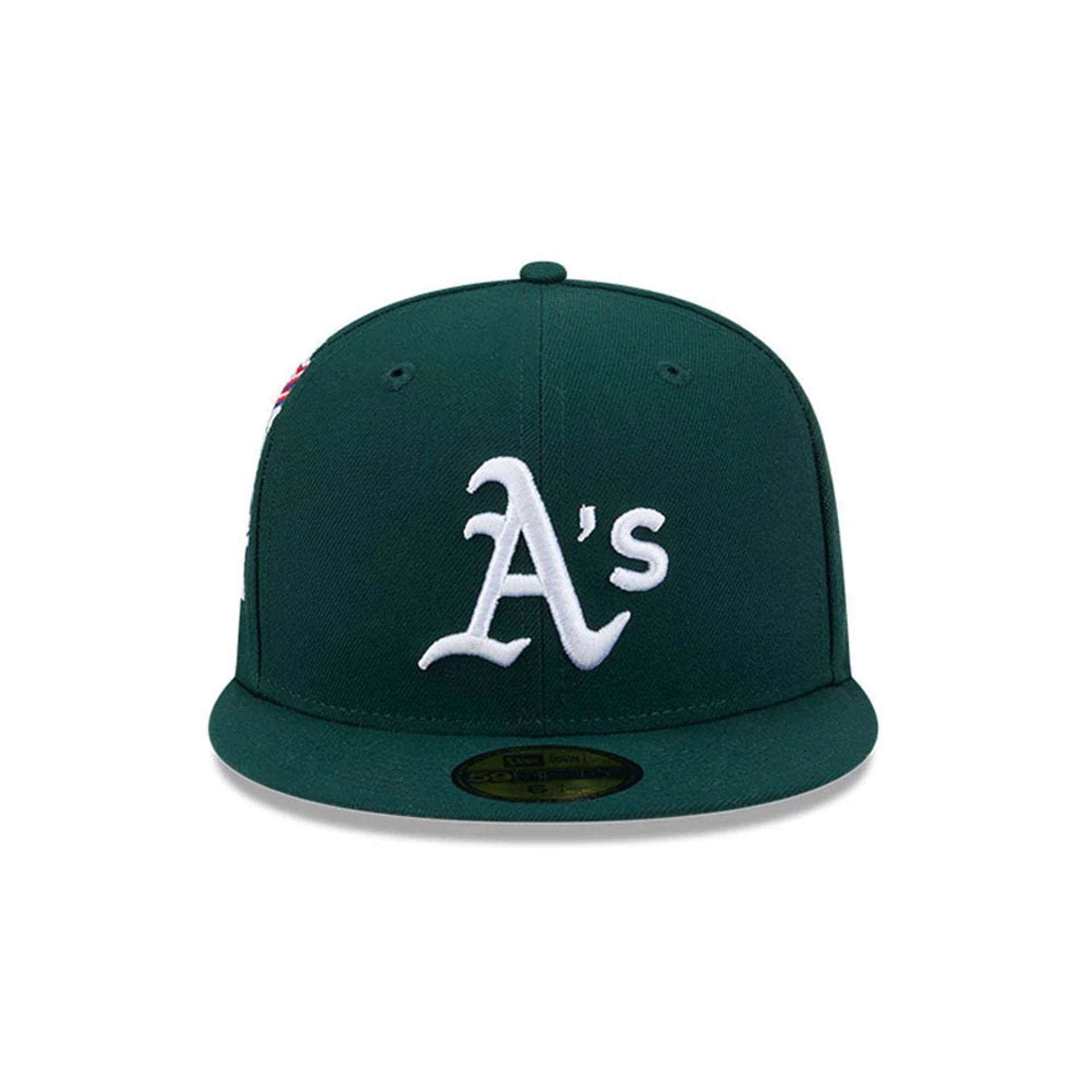 Pictured is this MLB Hidden Hit Athletics 59FIFTY Fitted cap in dark green. 3