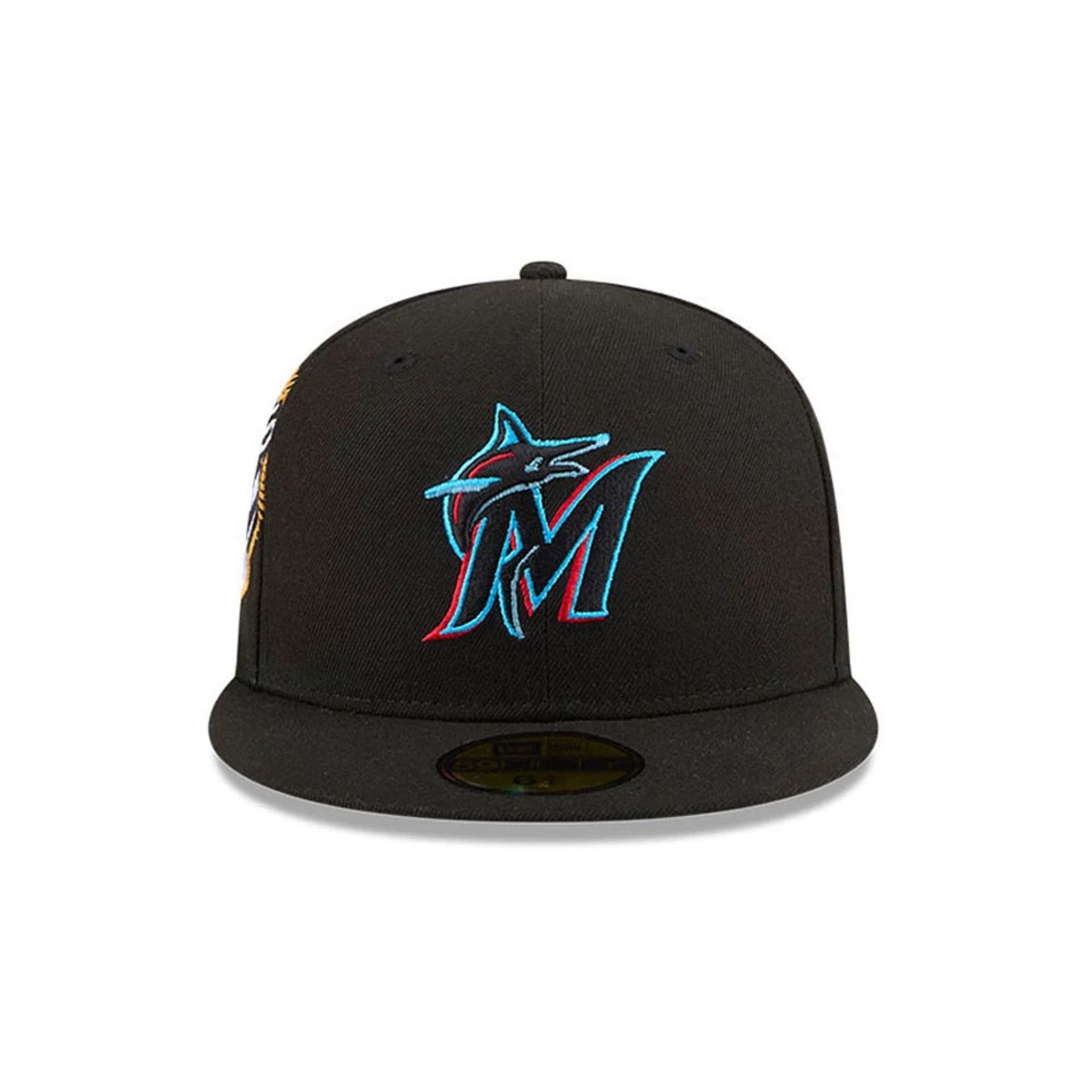 Pictured is this MLB Hidden Hit Miami Marlins 59FIFTY Fitted cap in black. 3