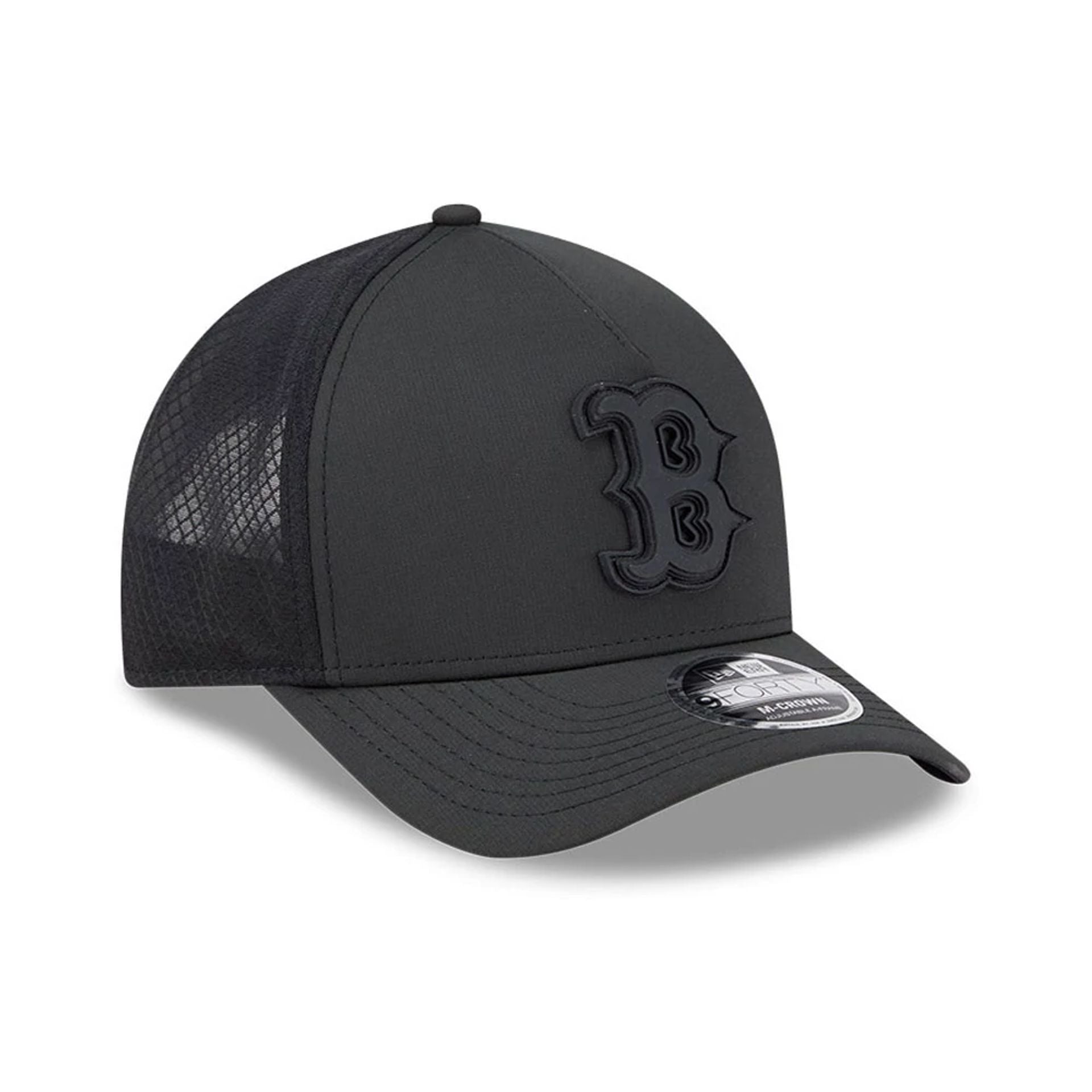 Pictured is this MLB Badged Boston Red Sox 9FORTY M-Crown A-Frame Trucker cap in black. 4