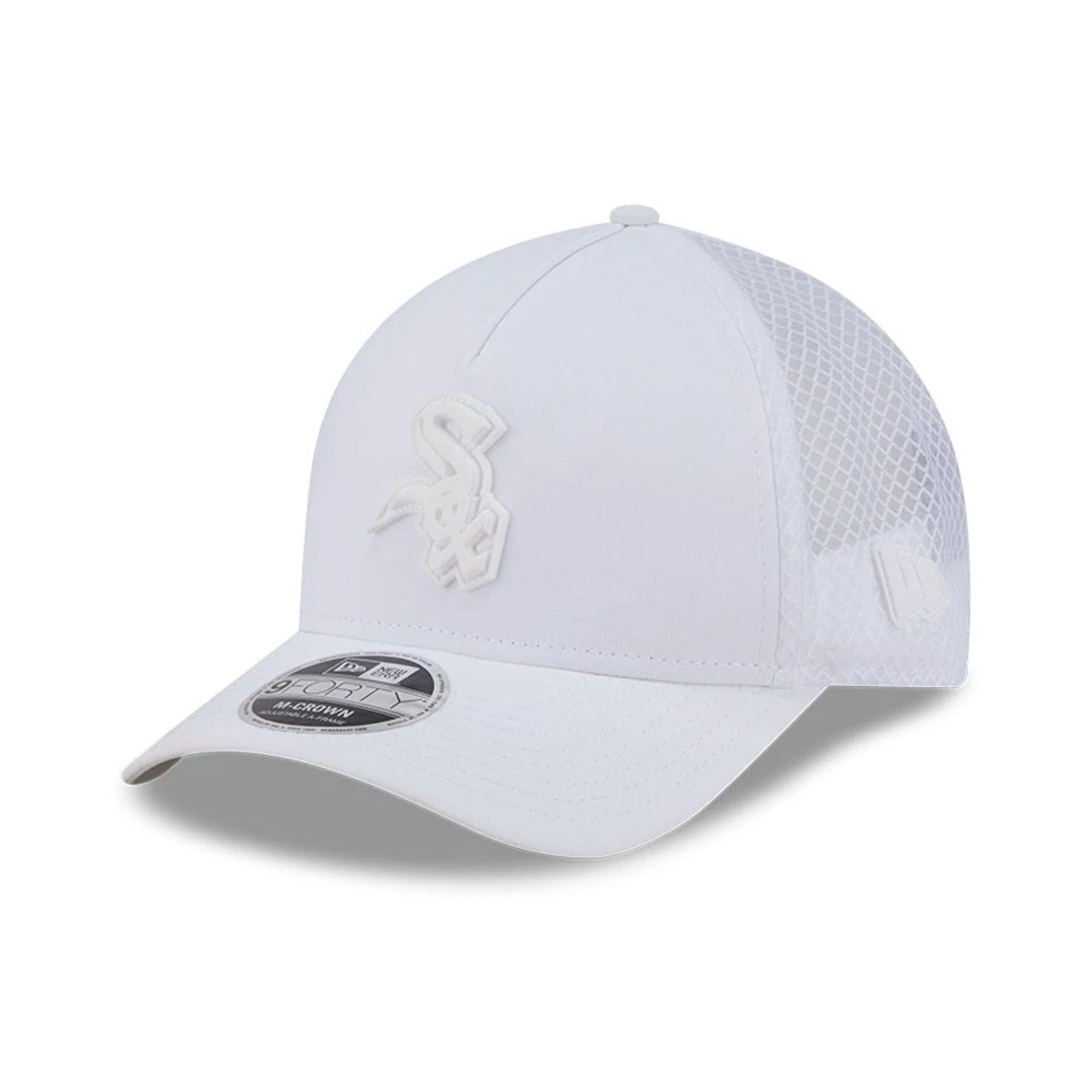 Pictured is this MLB Badged Chicago White Sox 9FORTY M-Crown A-Frame Trucker cap in white. 1