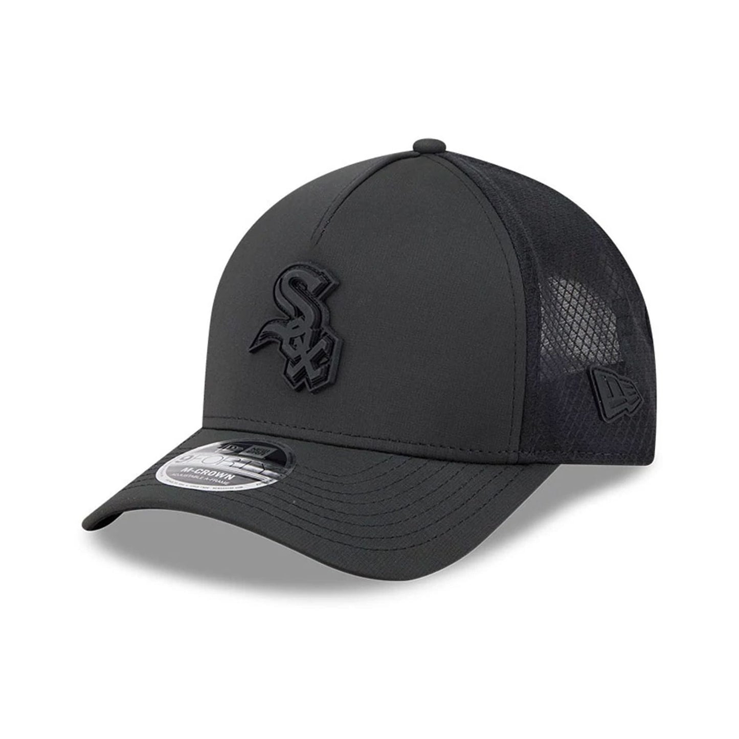 Pictured is this MLB Badged Chicago White Sox 9FORTY M-Crown A-Frame Trucker cap in black. 1