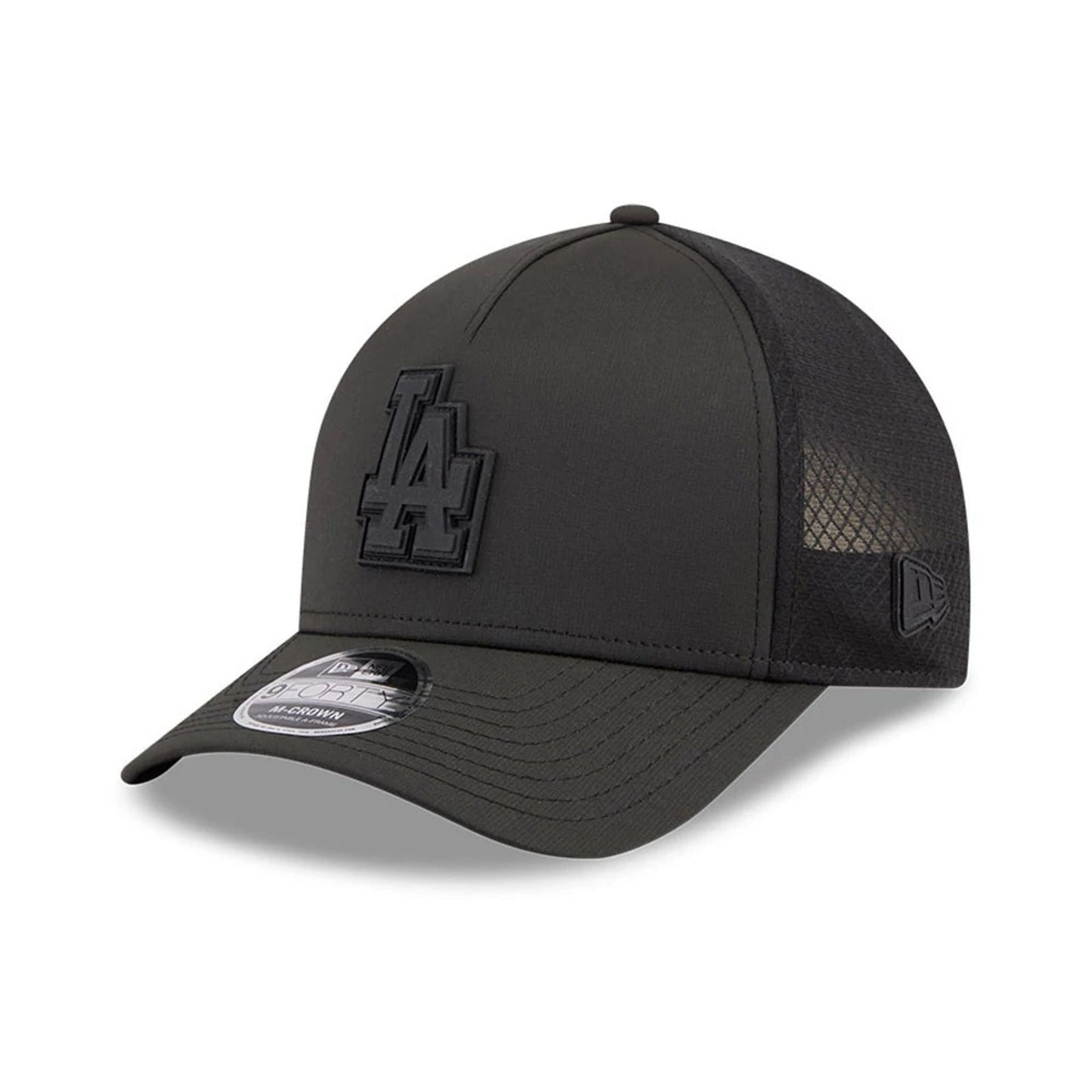 Pictured is this MLB Badged LA Dodgers 9FORTY M-Crown A-Frame Trucker cap in black. 1