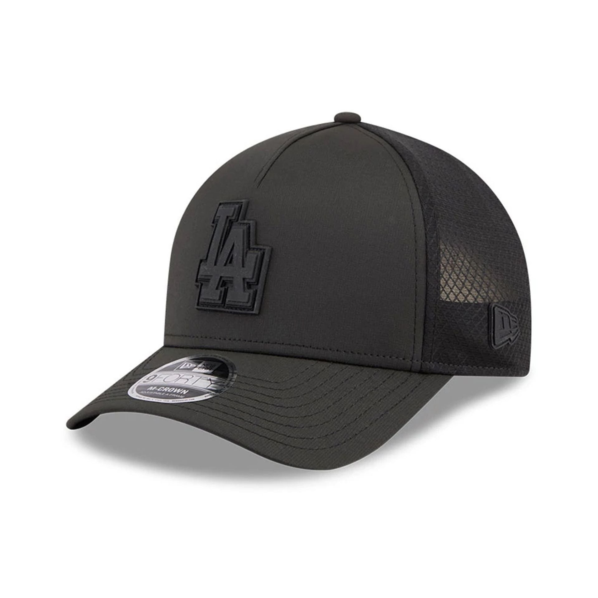 Pictured is this MLB Badged LA Dodgers 9FORTY M-Crown A-Frame Trucker cap in black. 1