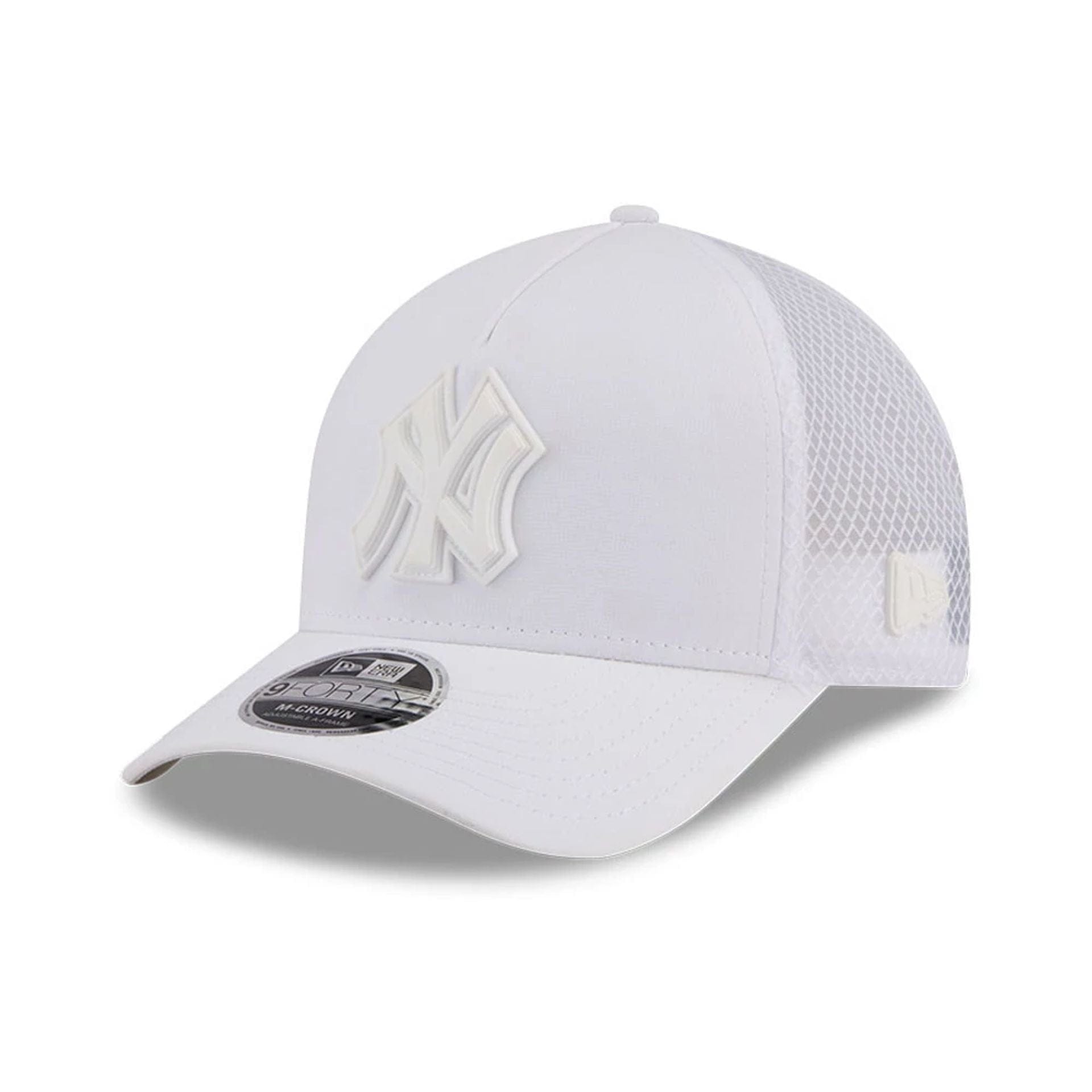 Pictured is this MLB Badged New York Yankees 9FORTY M-Crown A-Frame Trucker cap in white. 1