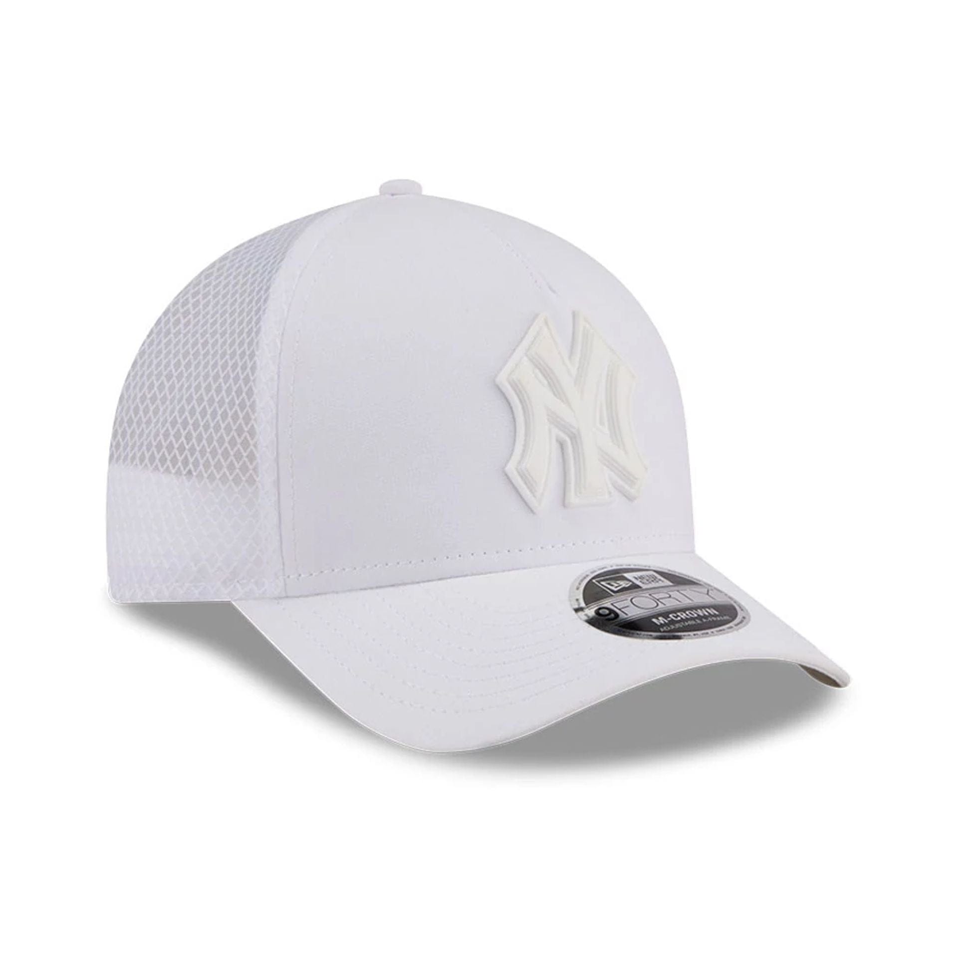 Pictured is this MLB Badged New York Yankees 9FORTY M-Crown A-Frame Trucker cap in white. 4