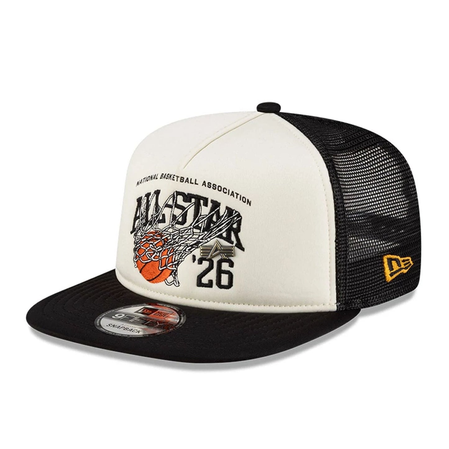 Pictured is this NBA X Alpha NBA All Star Game 9FIFTY A-Frame Trucker cap in white. 3