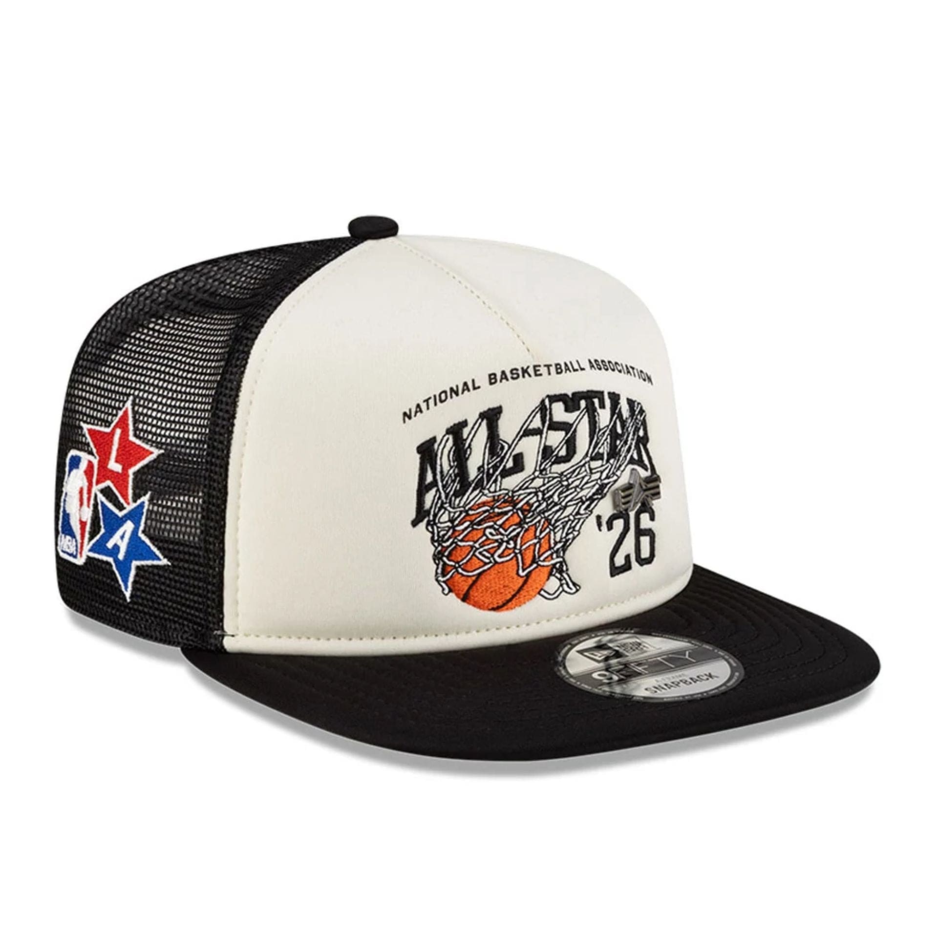 Pictured is this NBA X Alpha NBA All Star Game 9FIFTY A-Frame Trucker cap in white. 1