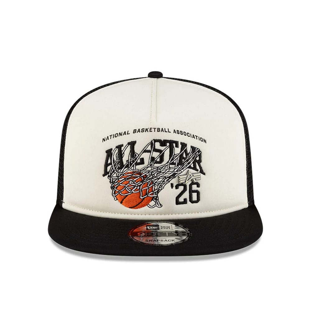 Pictured is this NBA X Alpha NBA All Star Game 9FIFTY A-Frame Trucker cap in white. 2