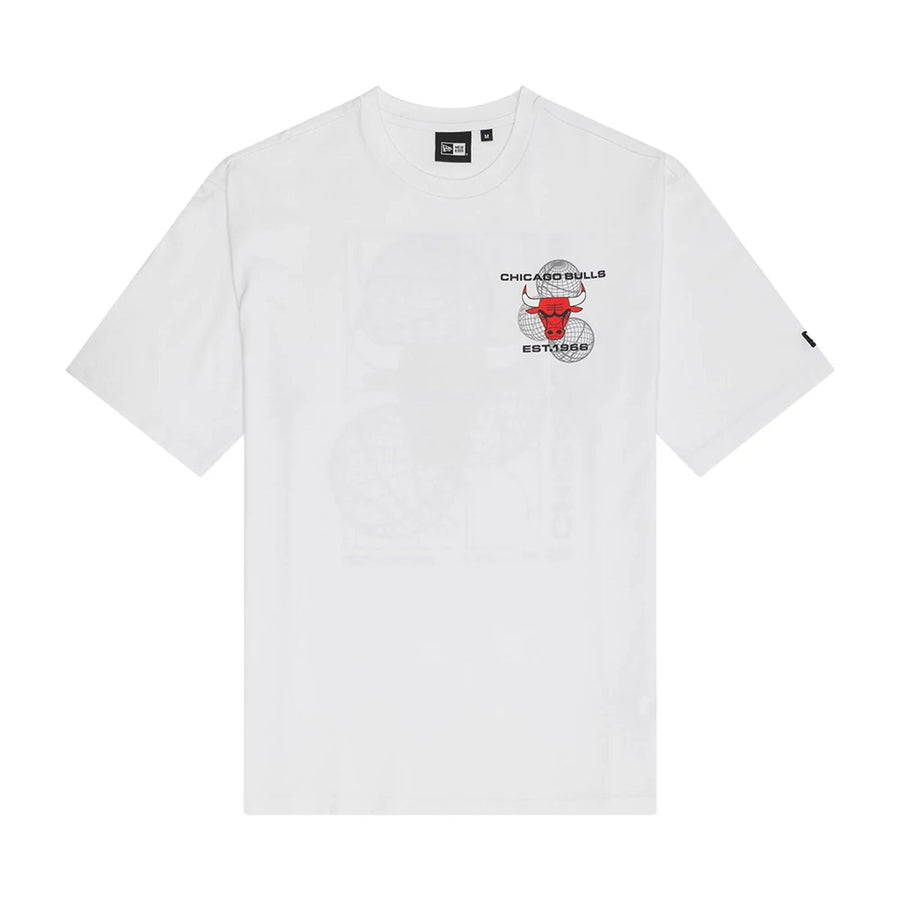 The Male model is wearing Chicago Bulls NBA Basketball Graphic White Oversized T-Shirt 2