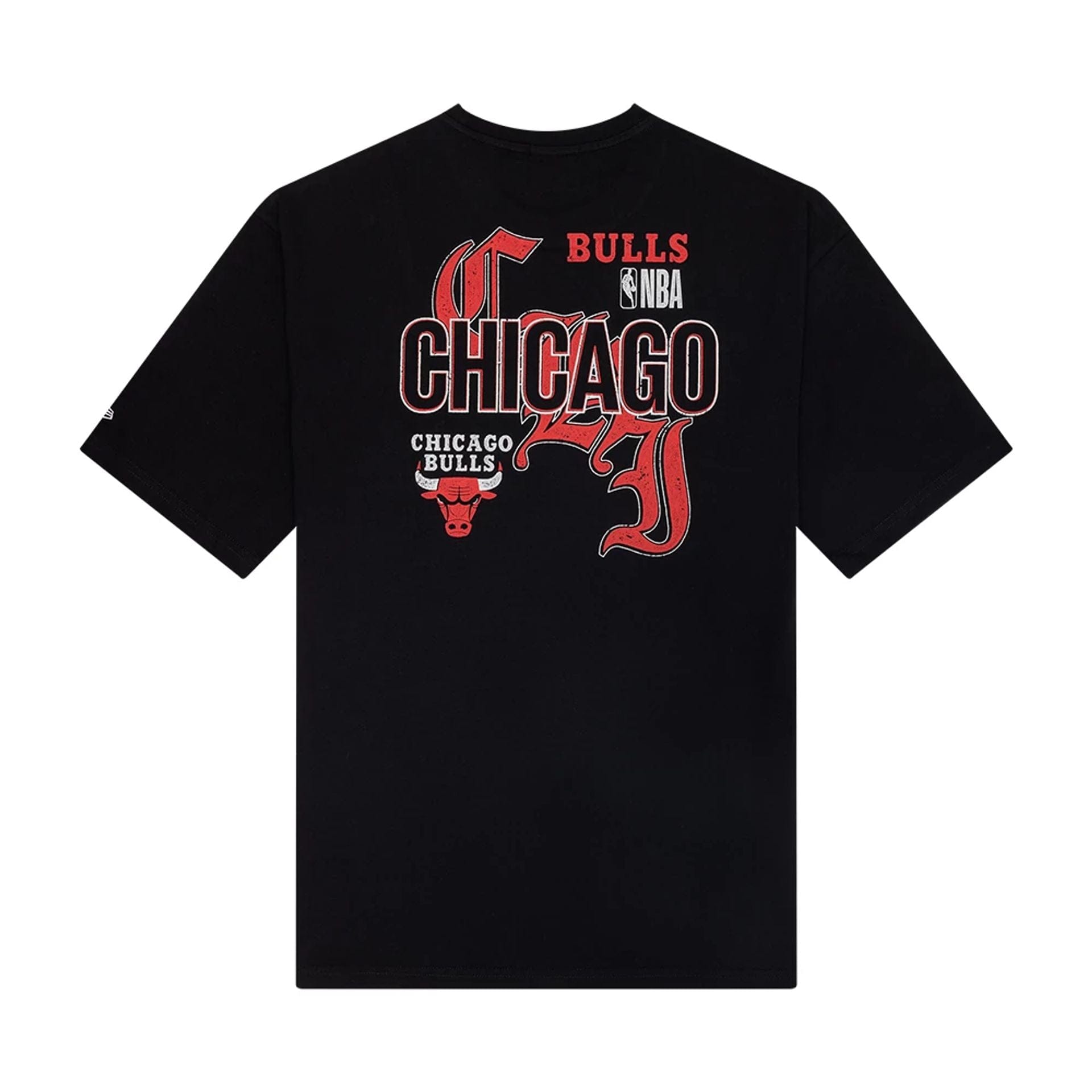 The Male model is wearing Chicago Bulls NBA Font Graphic Black Oversized T-Shirt 2