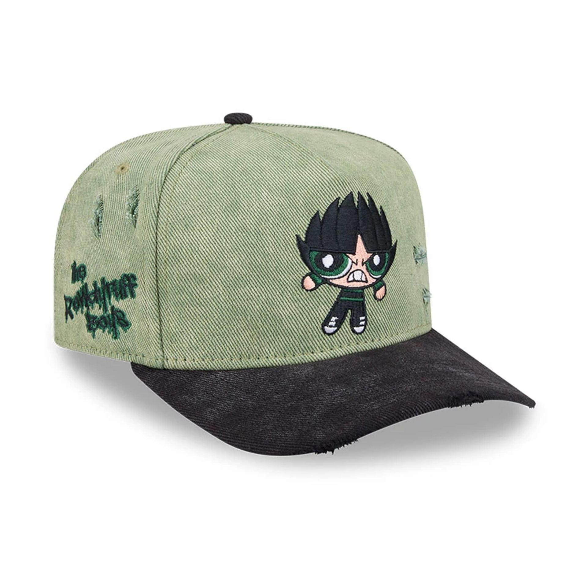 Pictured is this Rowdyruff Boys Butch Power Puff Girls 9FIFTY A-Frame Snapback cap in open green. 1