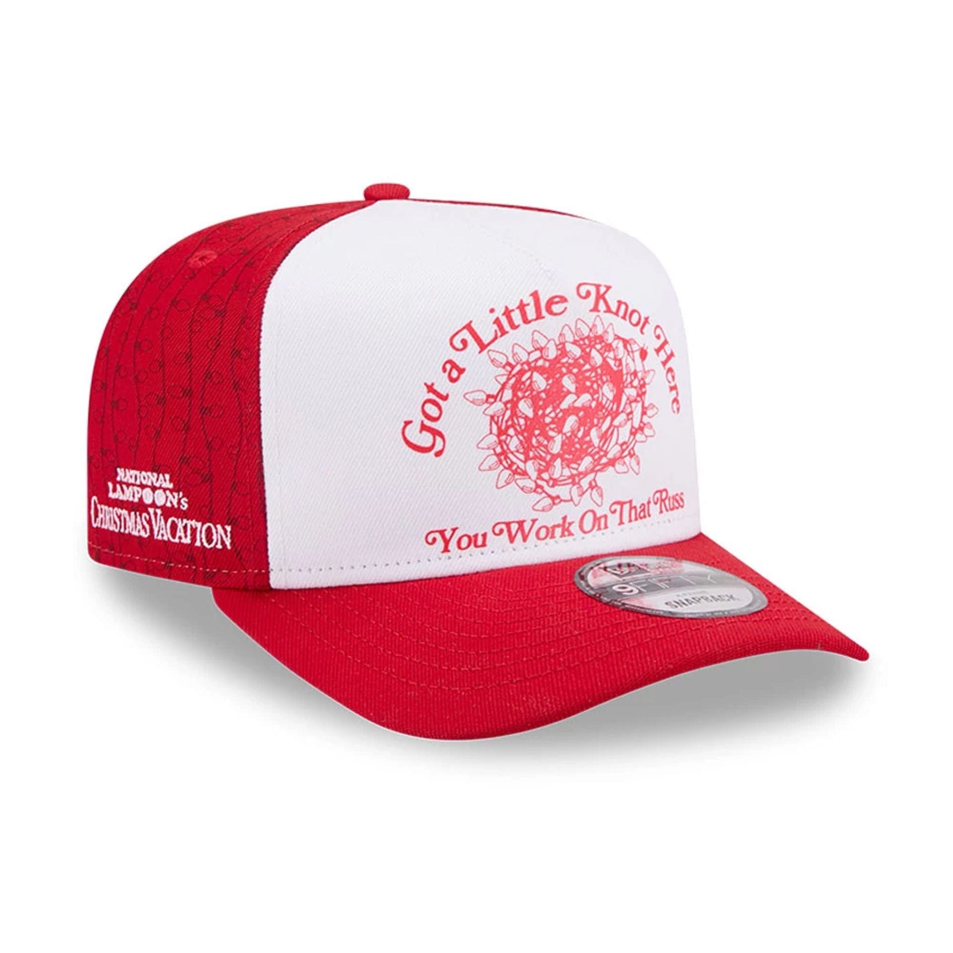 Pictured is this Little Knot National Lampoons Christmas Vacation 9FIFTY A-Frame Snapback cap in red. 1