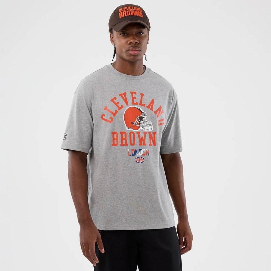 The Male model is wearing Cleveland Browns NFL International Series Games Grey Oversized T-Shirt  1